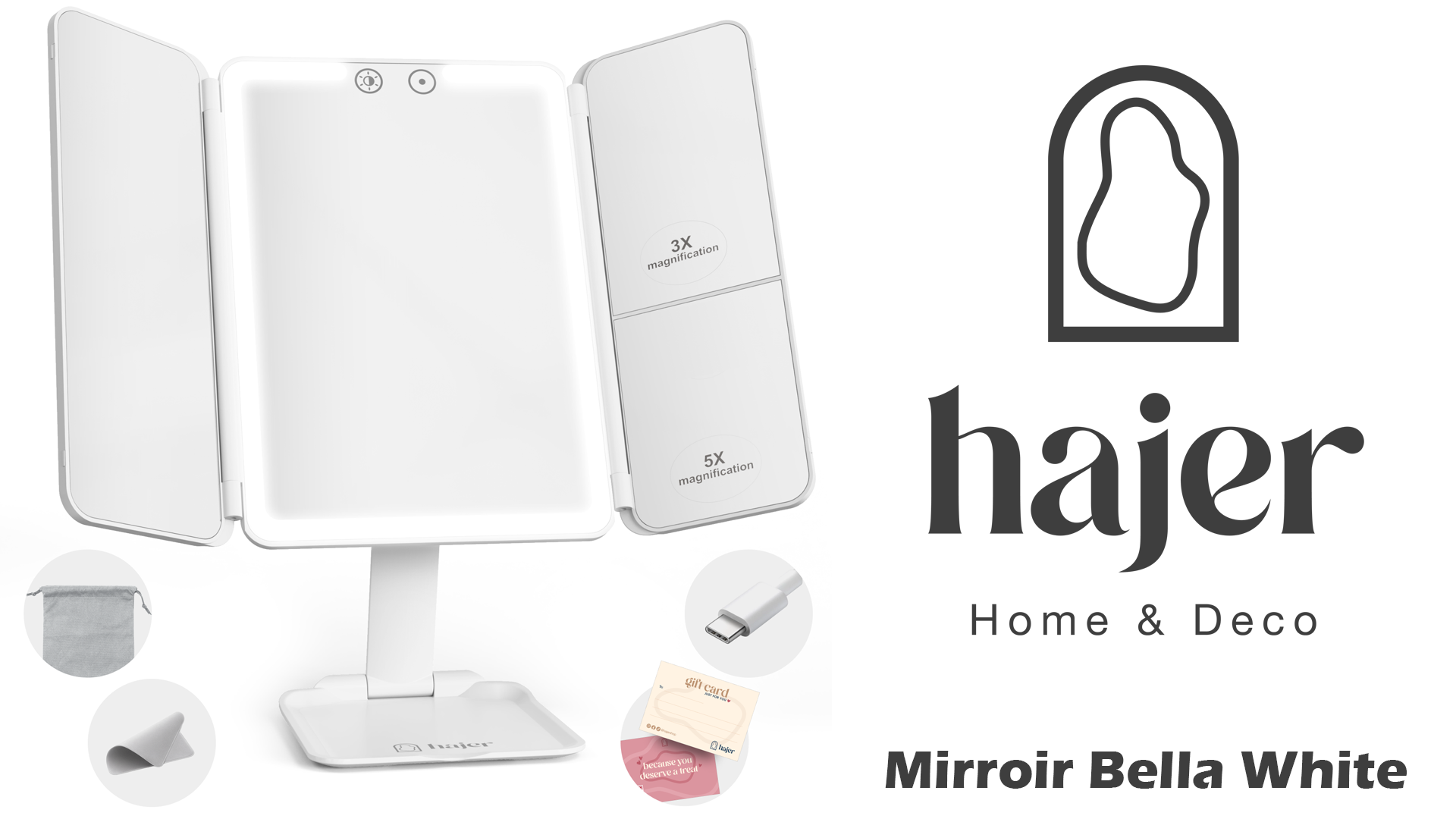 Miroir De Maquillage à LED Rechargeable Avec 3 Lumières à Intensité Variable, Portable, Amovible, Pour Comptoir, Bureau, Blanc