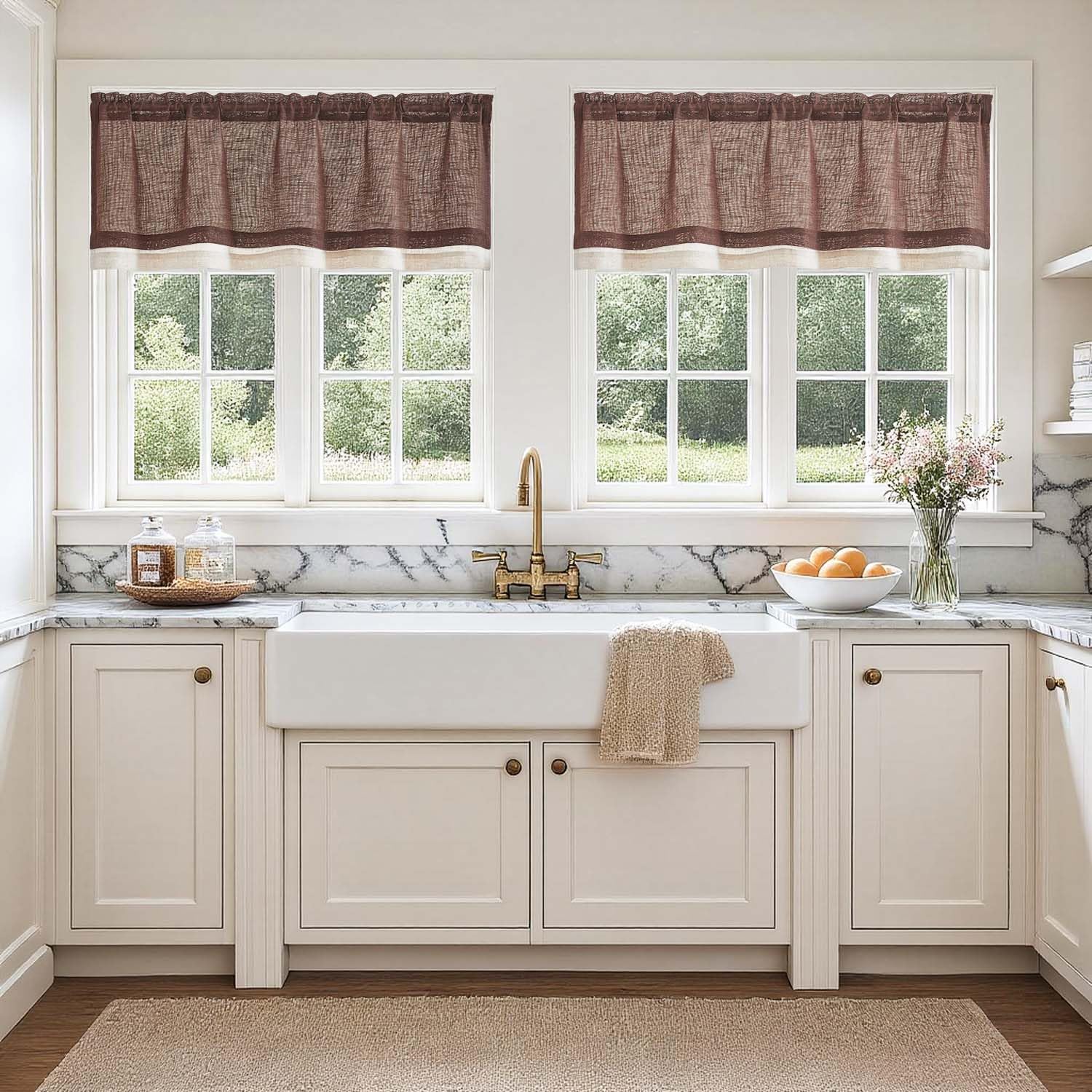 jinchan Linen Farmhouse Valances for Living Room Windows 16 Inch Slubbed Crossed Double Layer Window Valances Light Filtering Rustic Country Overlay Rod Pocket 2 Panels Brown