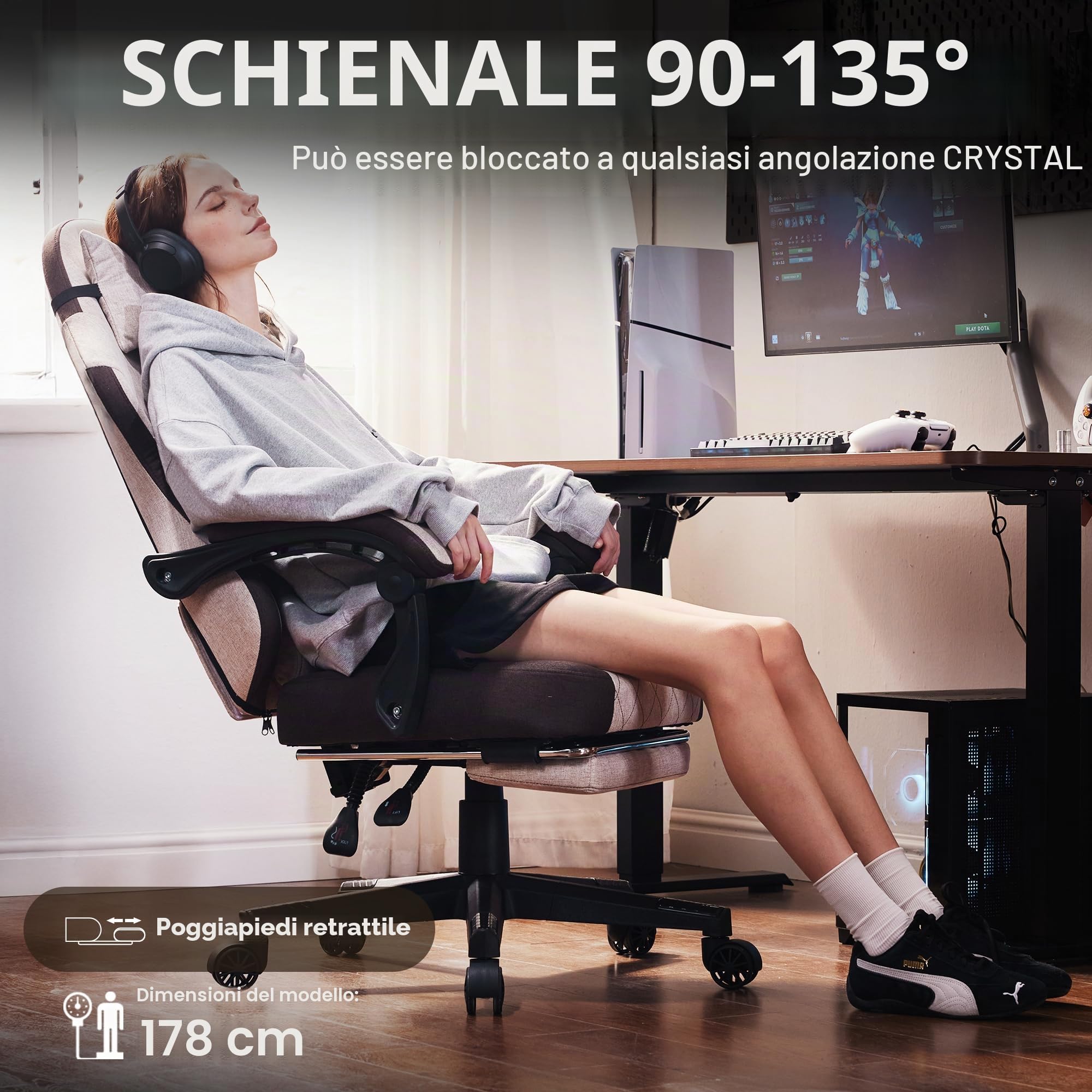Dowinx Sedia da gioco in tessuto con cuscino a molle, supporto lombare e poggiapiedi, per adulti, sedia da gioco ergonomica, grande e alta, per giochi in ufficio, 135 kg, marrone