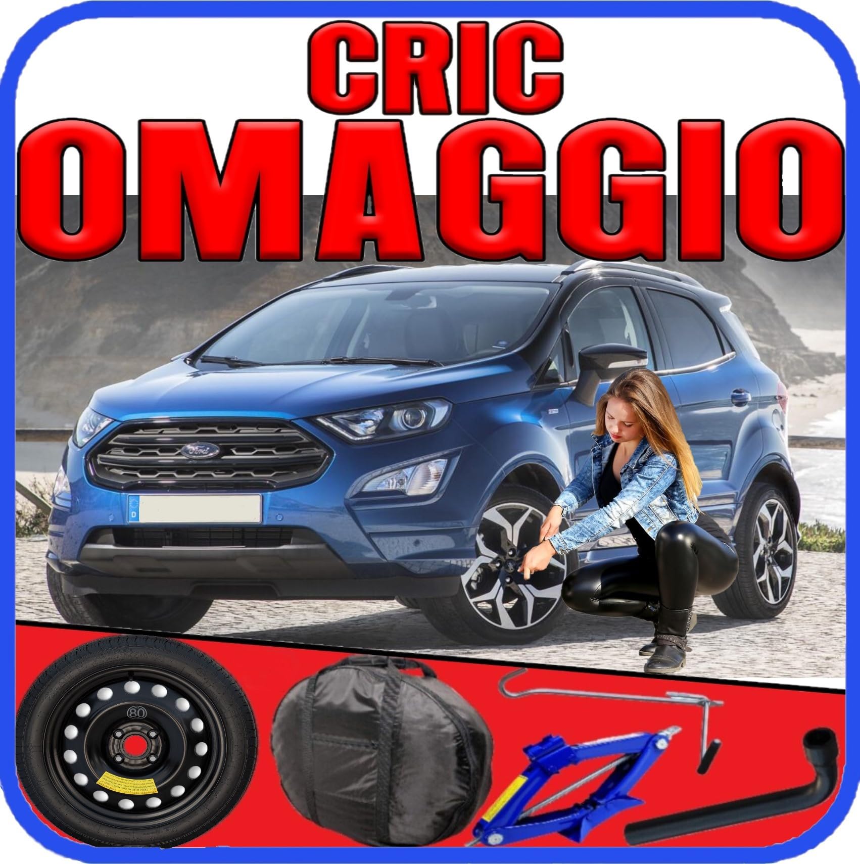 Generico Ruotino Di Scorta Per Ford Ecosport (II, B515) 4 Fori Gomma 125/80 R16 Da Anno 2012 Fino ad Anno 2024 Con Kit Accessori Cric Crick Chiave e Sacca 125 80 16 16