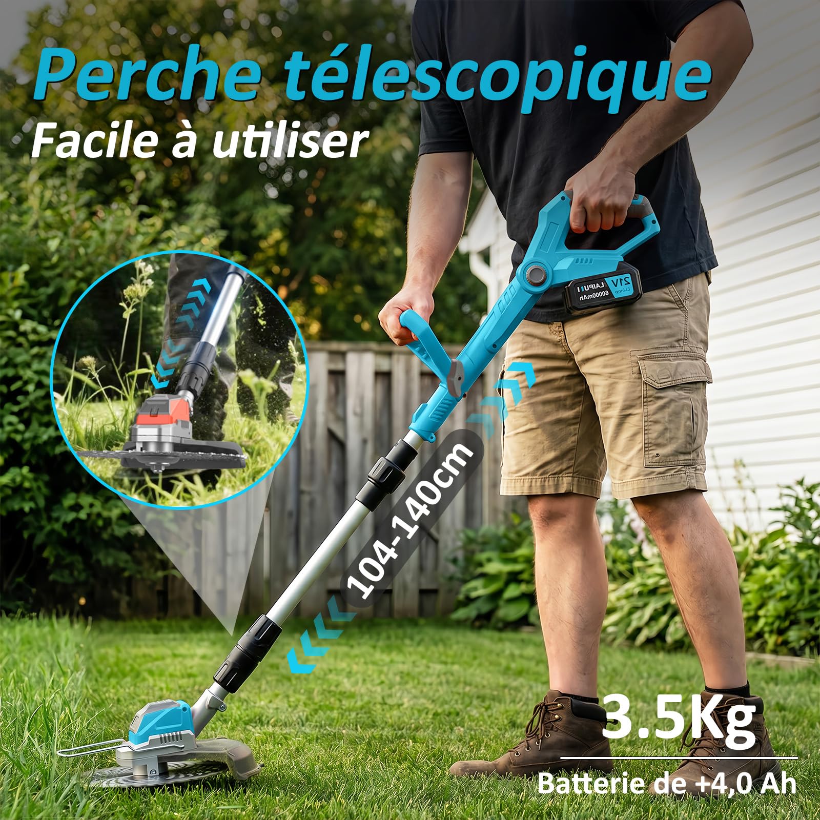 Debroussailleuse Electrique sans Fil 1300W avec écran LCD, Coupe Bordure avec 2 Batteries 4.0 Ah, Diamètre de Coupe : 25 cm, Poignée Réglable, Tige Pliable 3 en 1, pour Jardin Élagage (Bleu)