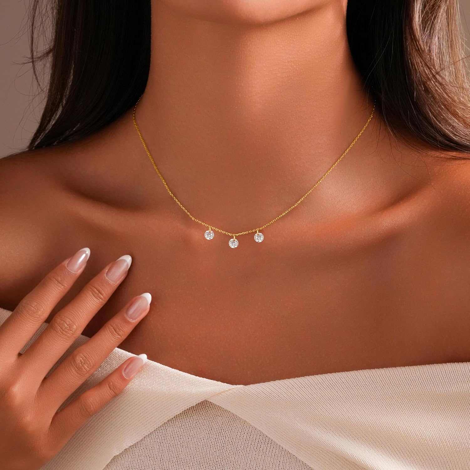 925 Sterling Silver Cubic Zirconia Necklace Crystal Diamond Wedding Necklace for Women Dainty 14K Gold Plated 3 Balls Pendant Necklaces Adjustable Necklaces Bridal Bridesmaid Jewelry Gift - Image 4