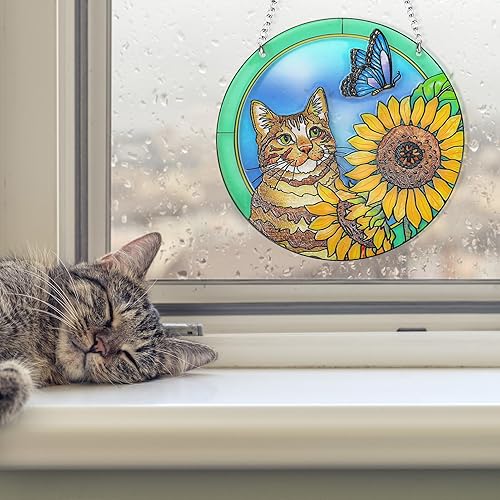 Miniatura 3 de Colgantes para ventana de vitrales con diseño de gato, girasol de mariposa, hecho a mano, regalo para amantes de los gatos y amantes de la