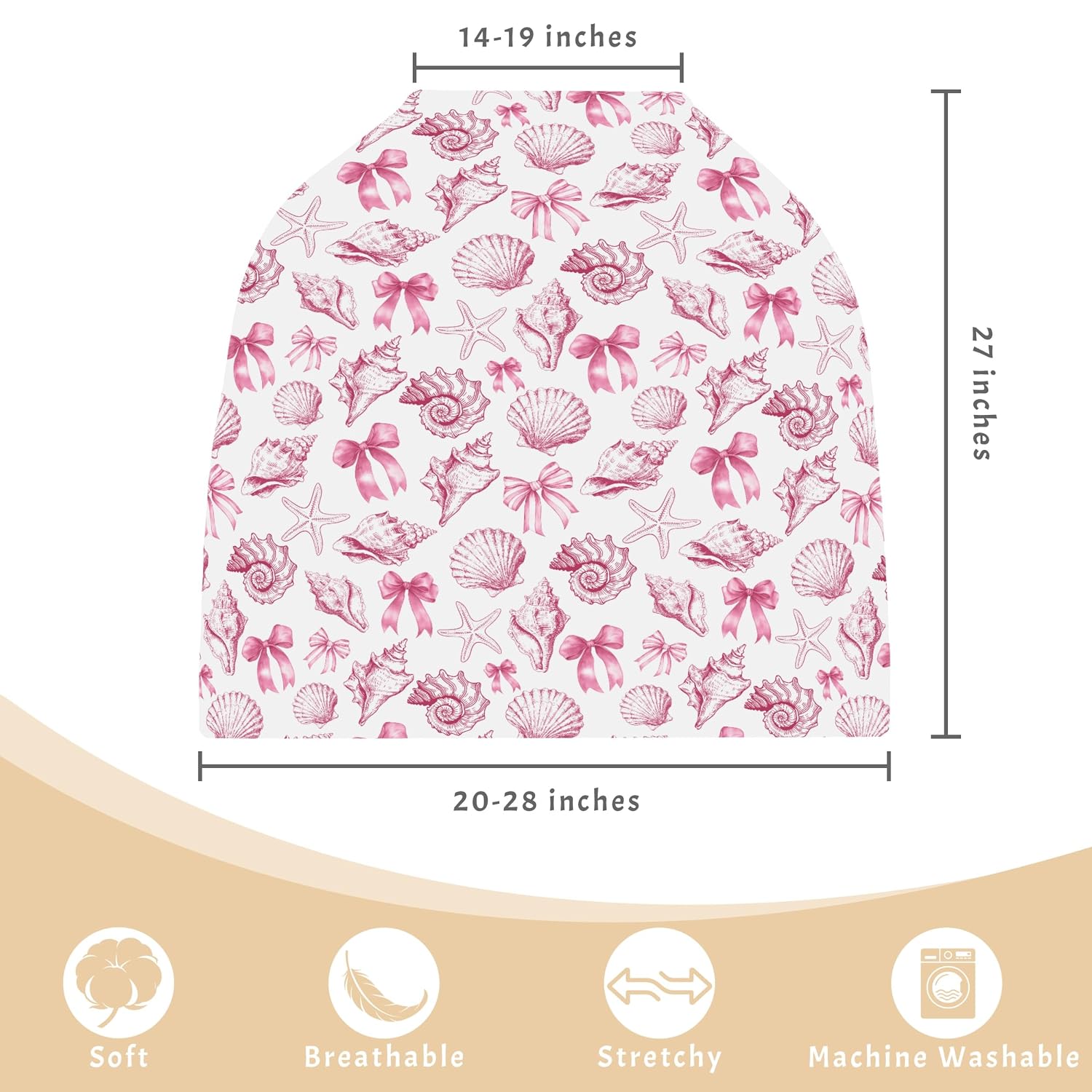 Coastal Ocean Baby Car Seats Covers Pink Blue Bows Seashells Starfish Conch Soft Nursing Cover for Breastfeeding Summer Beach Holiday Infant Carseats Canopy Stroller Cover for Baby Boys Girls
