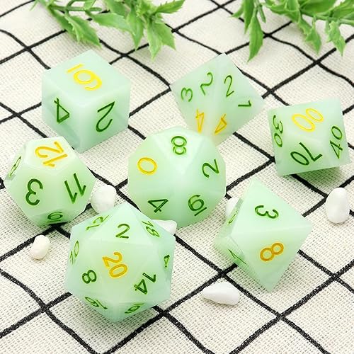 Miniatura 6 de DND - Juego de dados con bordes afilados, 7 piezas de dados DND verde fluorescente, dados poliédricos D&D de resina con estuche de dados para juegos