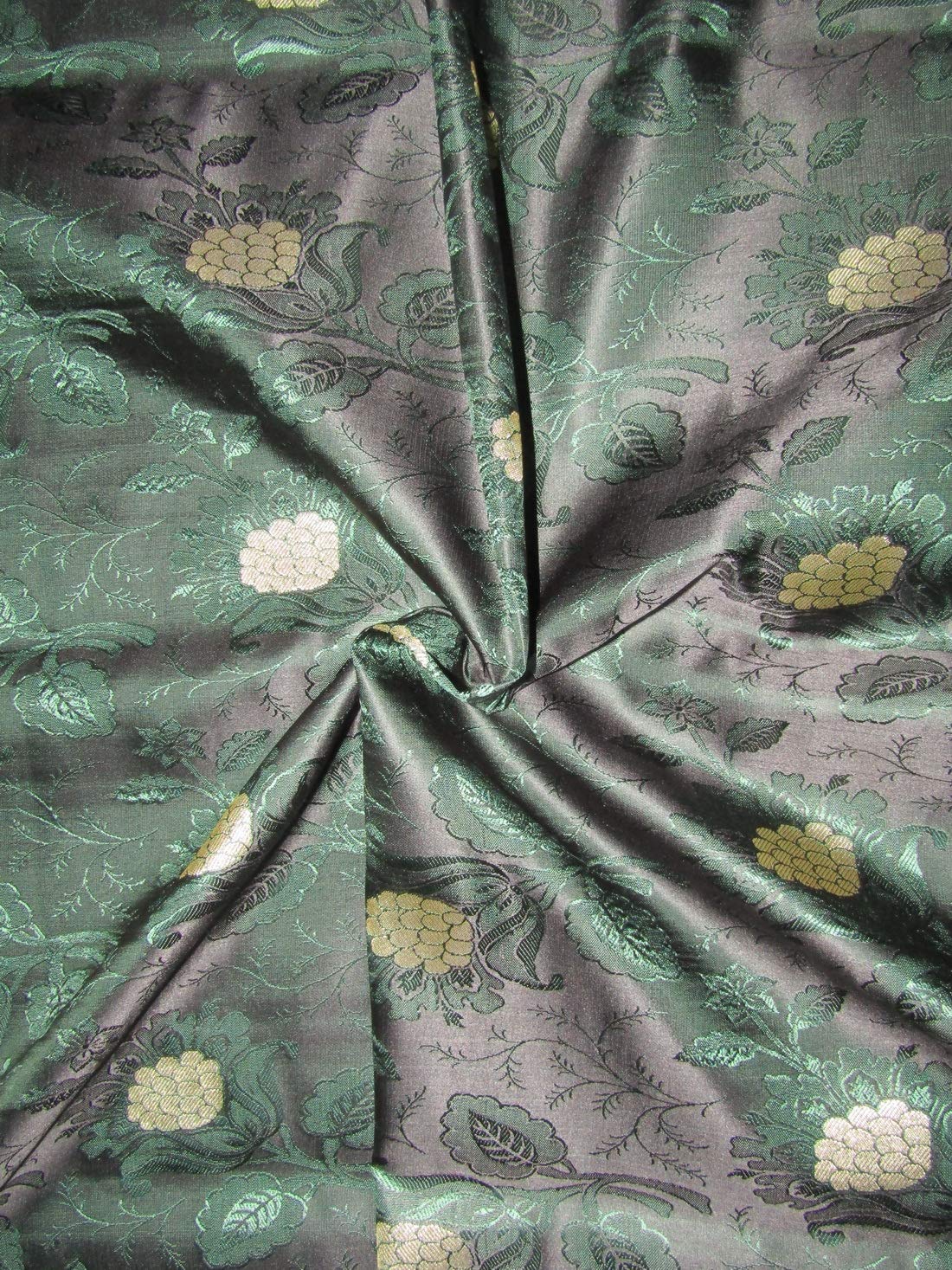 Tissu Jacquard de Soie au Mètre Noir Vert Foncé et Brocart Or Métallisé