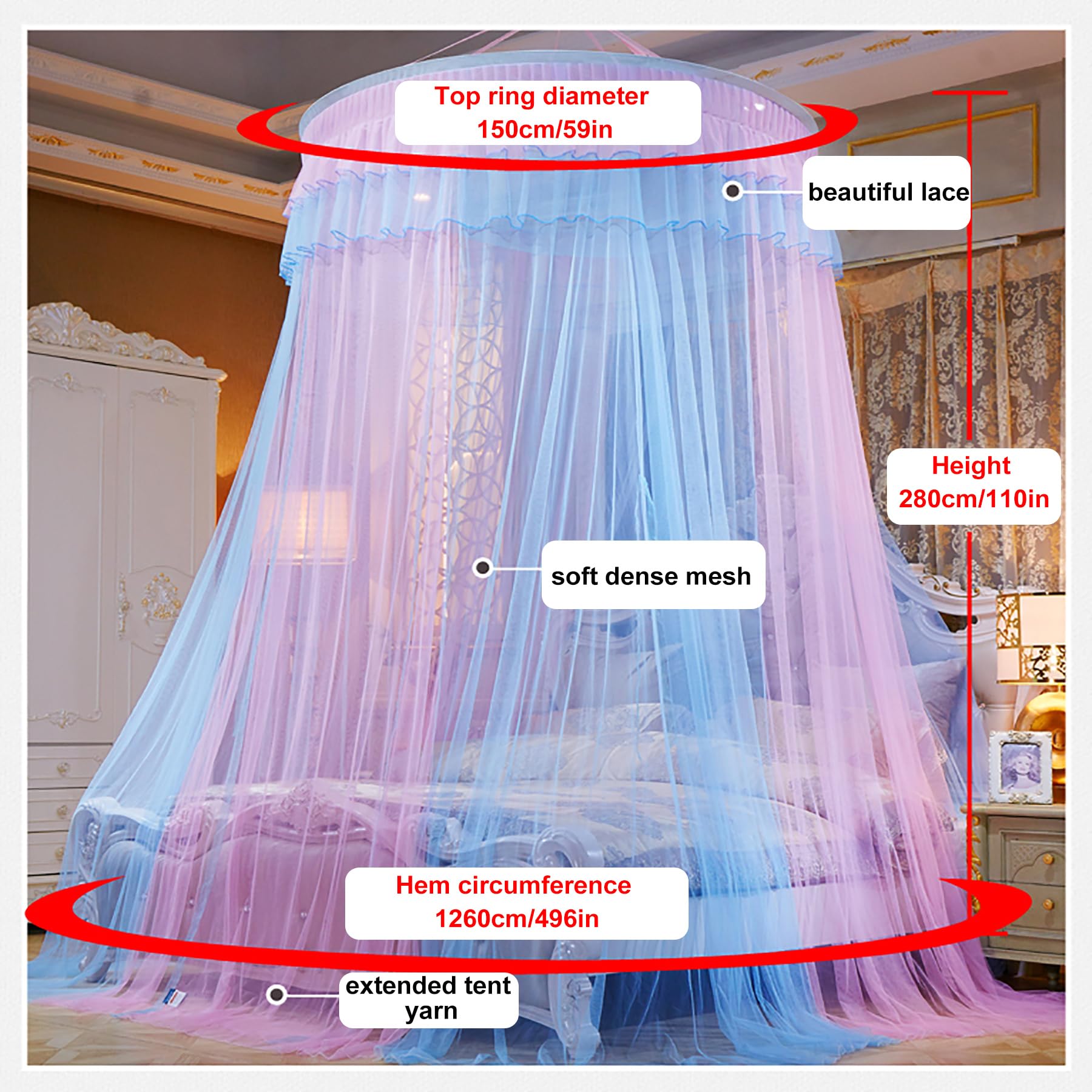 Dosel de cúpula Redonda, Cortinas de Cama, Cama de Princesa, Dosel de Red, mosquitera, Dosel de Cama, Cortina Colgante, Red para niños, cunas y Adultos,Pink Purple