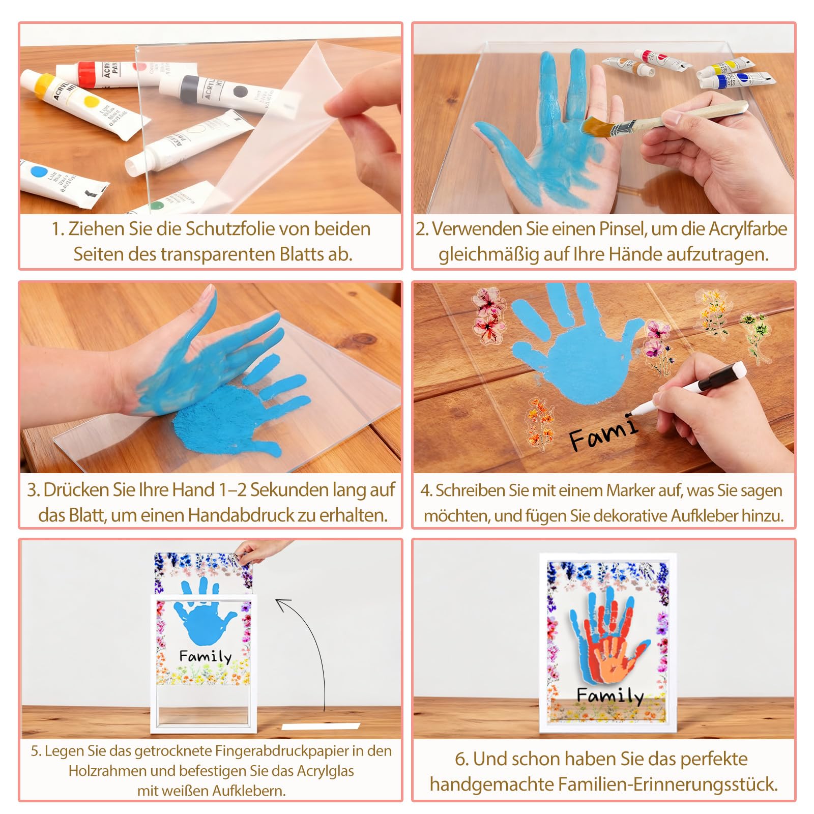 Handabdruck Set Familie für 4 Personen mit 12 Acrylfarbe, DIY Baby Handabdruck und Fußabdruck Set mit Sticker Blumen, Geschenke für Werdende Väter Mütter Baby Shower Taufe