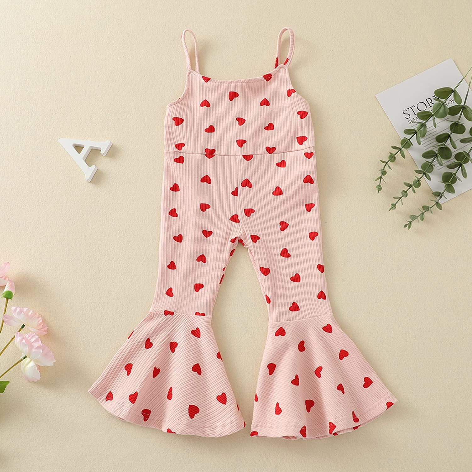 Toddler Baby Girl Valentine's + Day One Piece Outfit Sleeveless Love Heart Print Ribbed Bell-Bottom Romper Jumpsuit (2-3T,Pink)