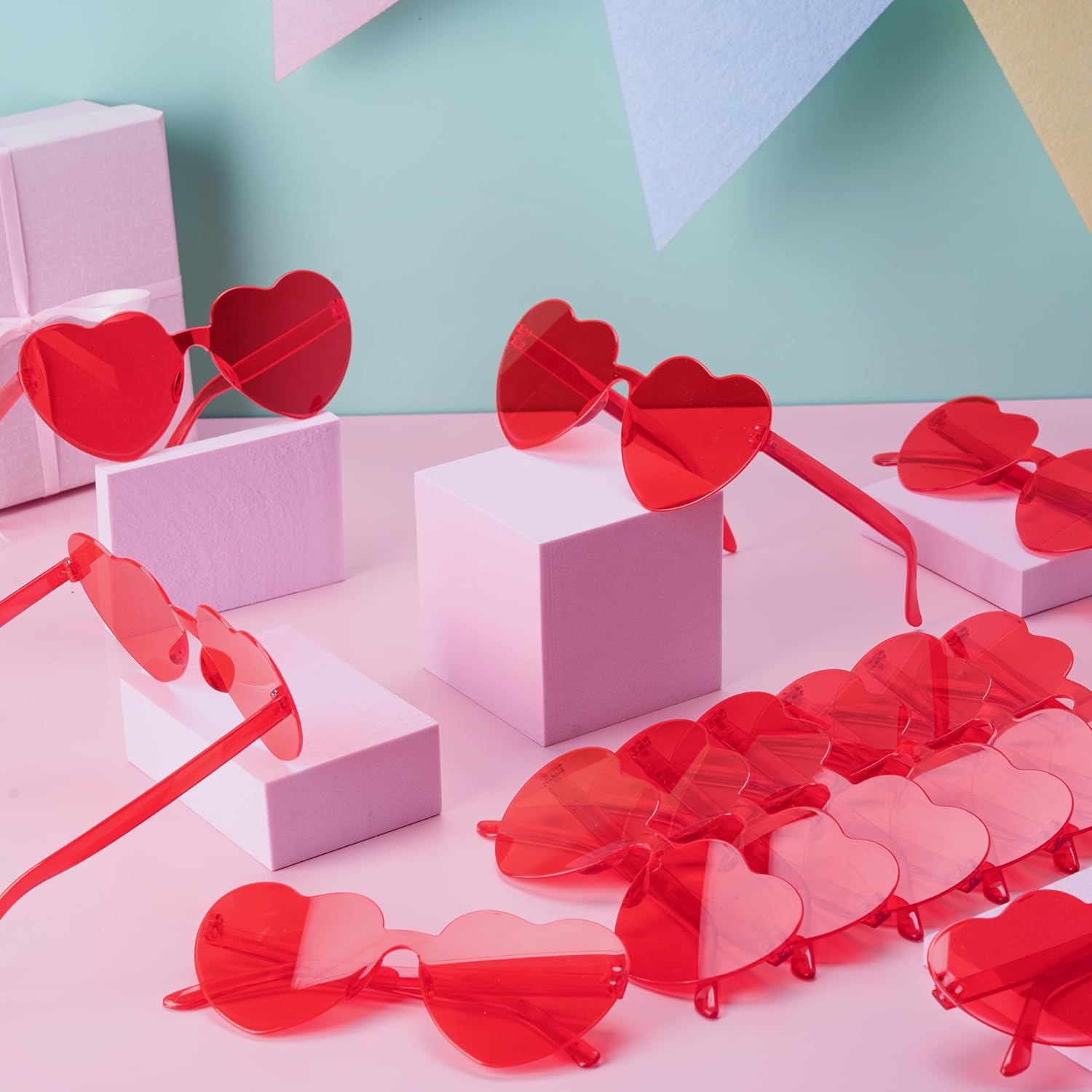 JOYIN 12 Pack Valentine Day Heart Shape Glasses, Rimless Sunglasses, Classroom Exchange Gift for Kids, Stylish and Safe Eyewear in Red, Rimless Glasses for Women and Girl, Party Favor Holiday Reward - Image 3