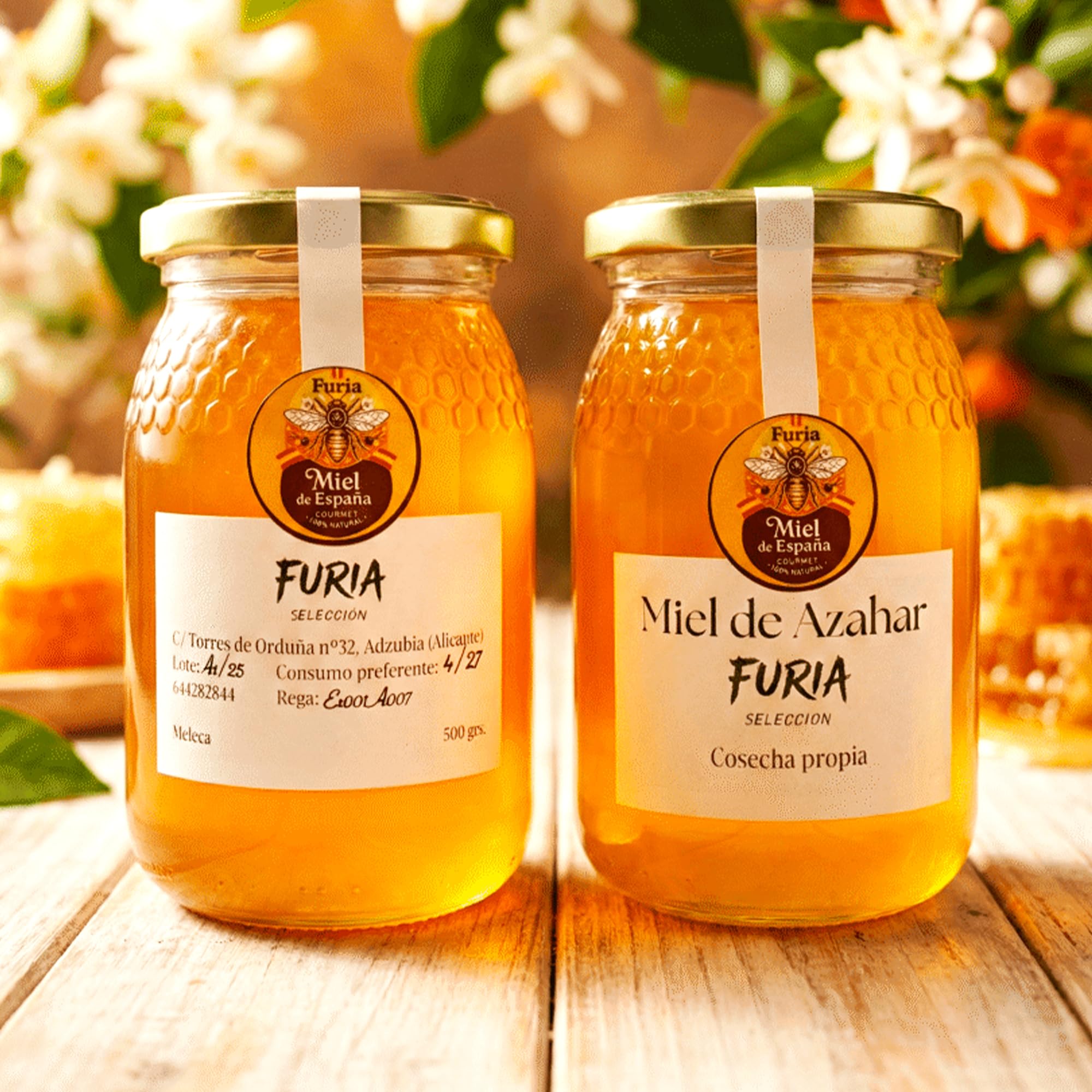 Miel de Azahar Cruda 500g – 100% Miel Pura de Abeja, Sin Pasteurizar – Flor de Naranjo Valenciana, Cosecha Propia Ecológica – Tarro de Cristal Reutilizable