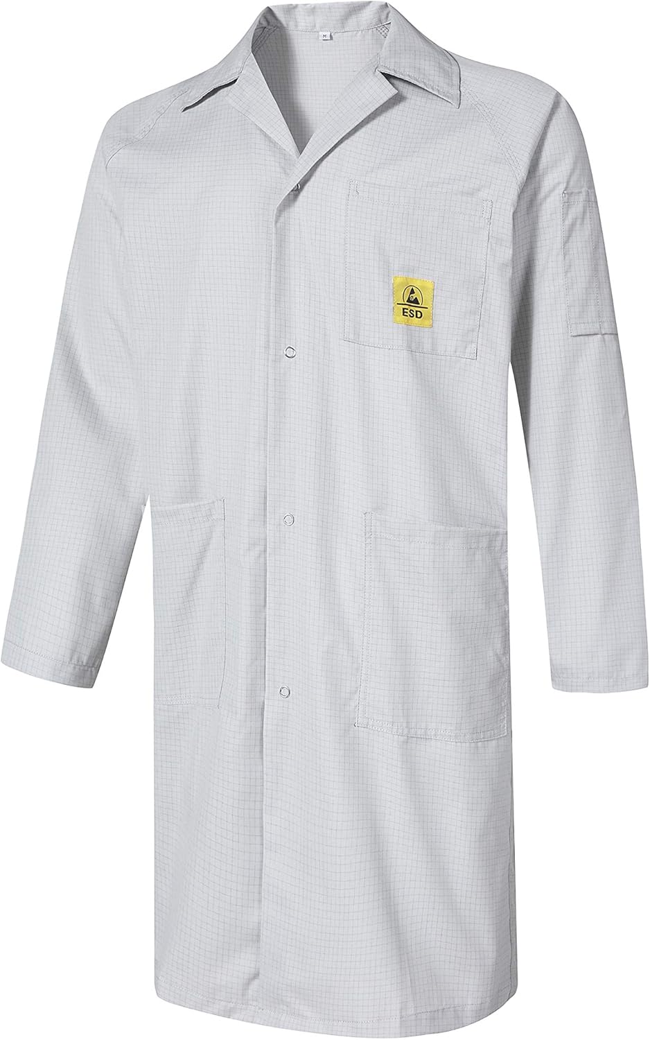 ESD Lab Coat with Lapel Collar, 3 Pockets & Snap Cuffs, Knee Length Anti-Static Jacket