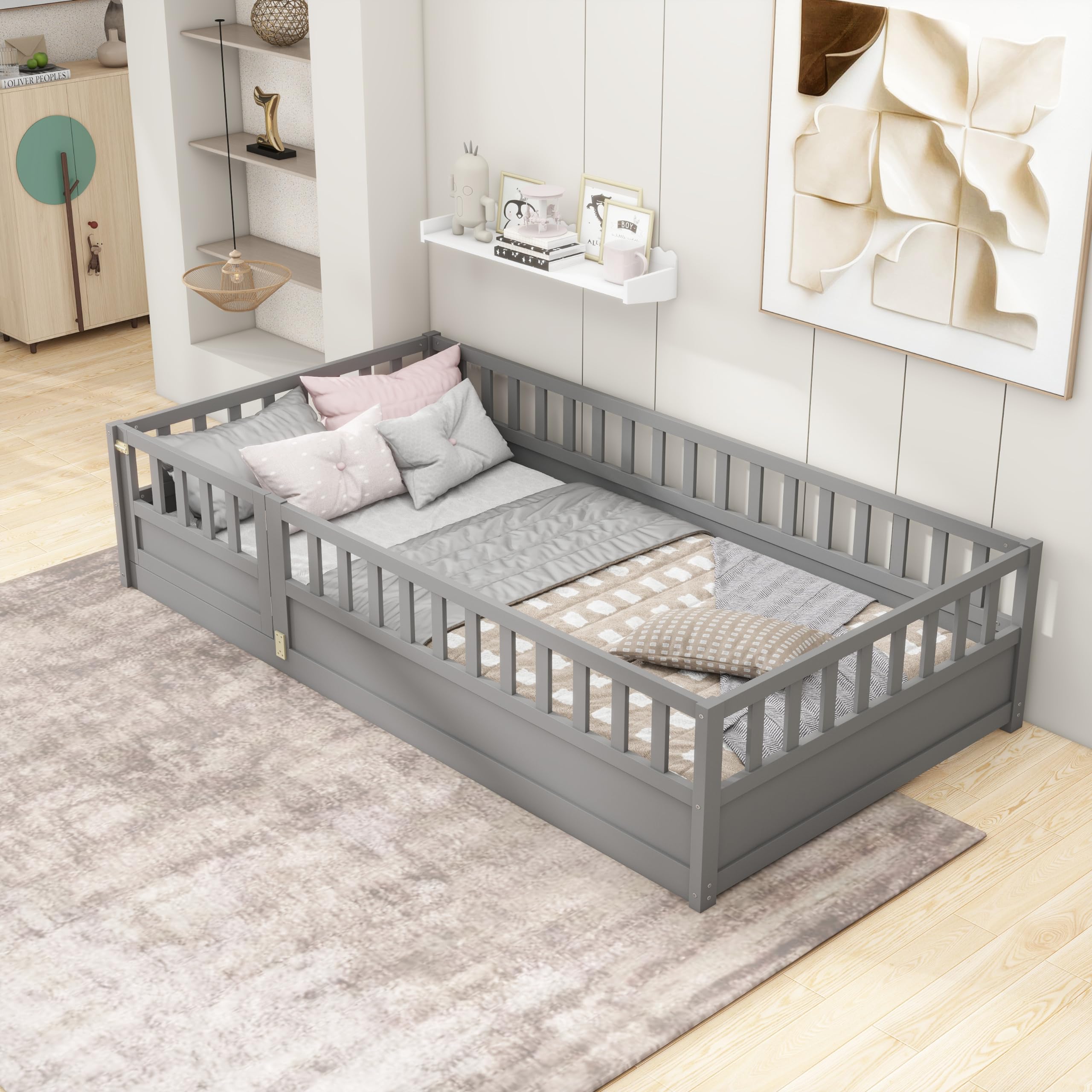Montessori Floor Bed Frame with Safety Guardrails and Door, Solid Pine Wood Low Bed for Kids Toddlers, Indoor Playhouse Bed, No Box Spring Needed (Grey, Twin)