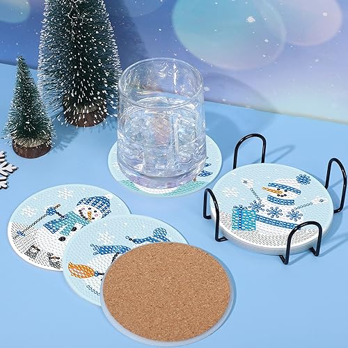 Miniatura 7 de 8 posavasos de pintura de diamante de muñeco de nieve Let It Snow Diamond Art Coasters Winter 5D Diamond Acrylic Coasters Snowman Round Cup Coaster