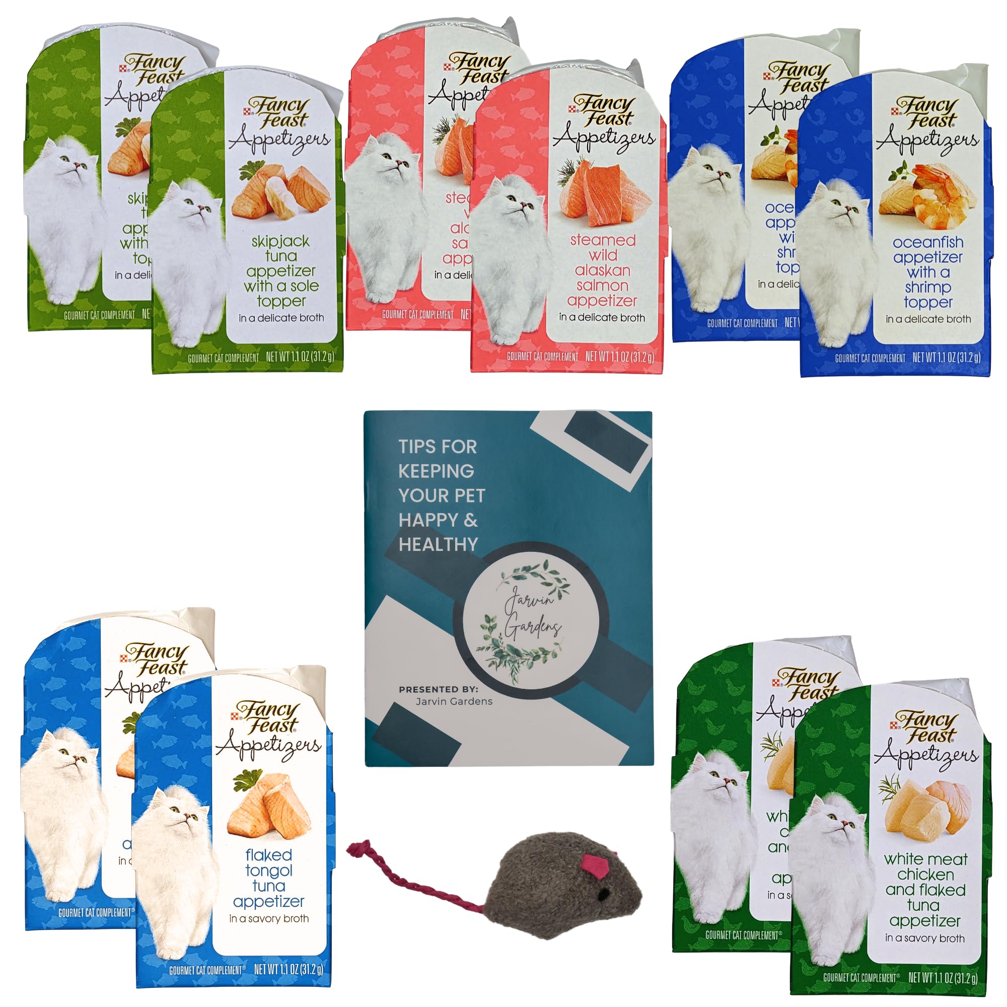 Wet Cat Food Appetizers - 5 Flavor 10 Tray Sampler Bundle (2) Each Tongal Tuna, Skipjack Tuna, Salmon, Oceanfish, Chicken & Flaked Tuna. Plus Healthy Pets Tip Booklet & Catnip Mouse Toy