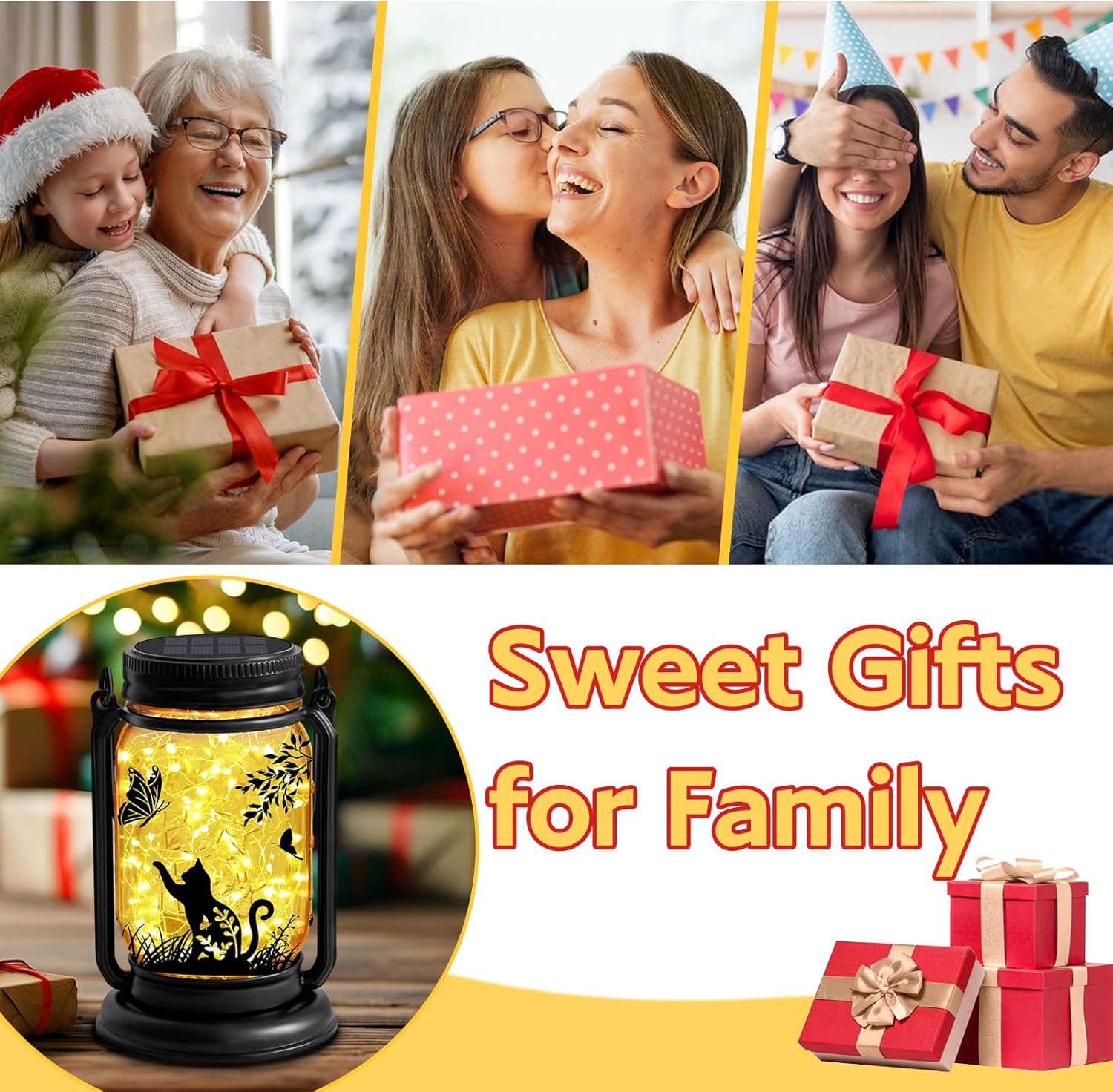 Cat Solar Lanterns 3-IN-1 Outdoor Waterproof - Birthday Gifts for Cat Lovers Women Mom Christmas, Mason Jar Hanging Lanterns with Stake, Garden Decor Lights for Patio Yard Balcony Decorations, 2 Pack