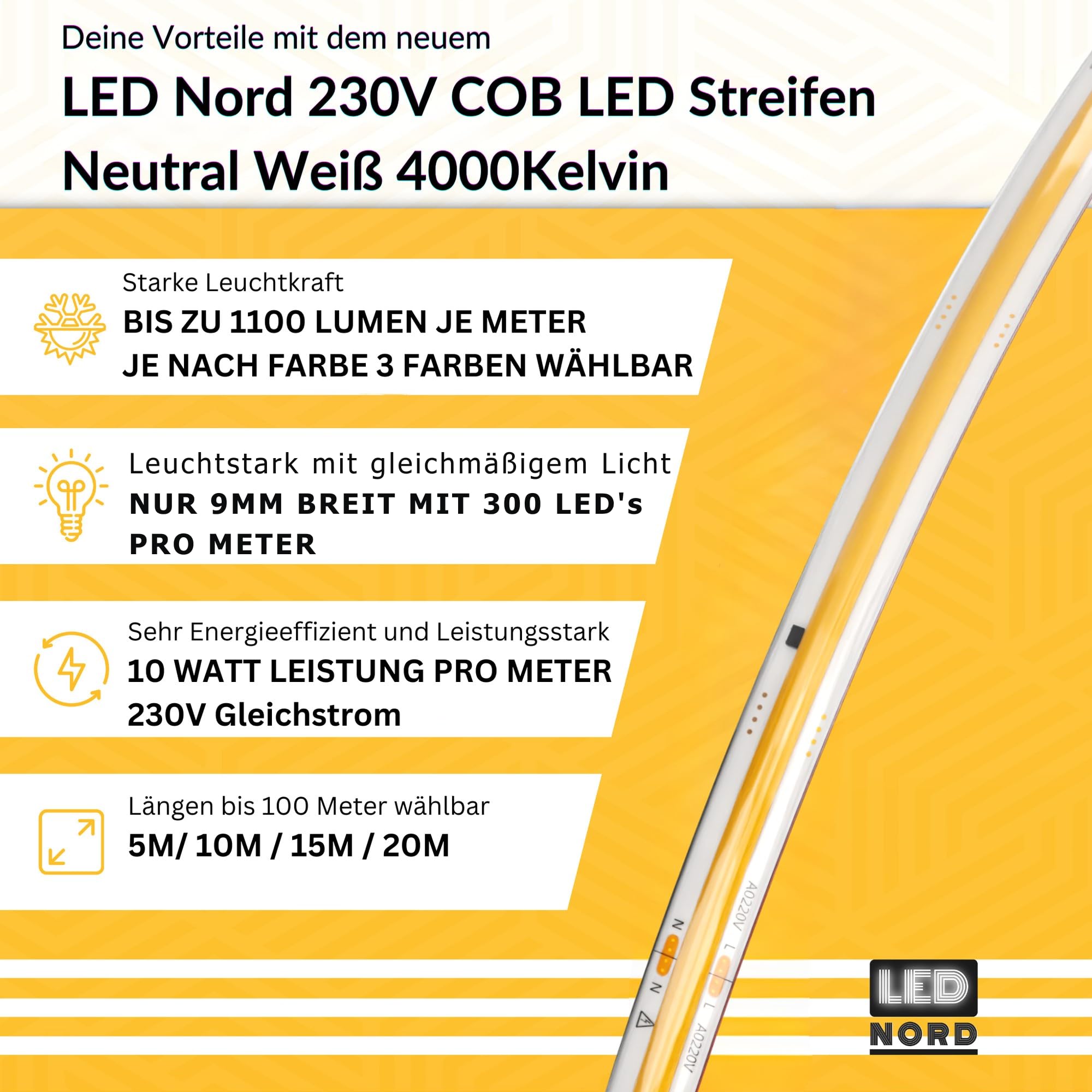 Taśma LED COB 230 V 20 m neutralna biel 4000 K, ściemniana taśma świetlna LED IP67, 10 W/m, do 1100 lm/m, możliwość przycięcia co 12,5 cm, samoprzylepna, do wewnątrz i na zewnątrz