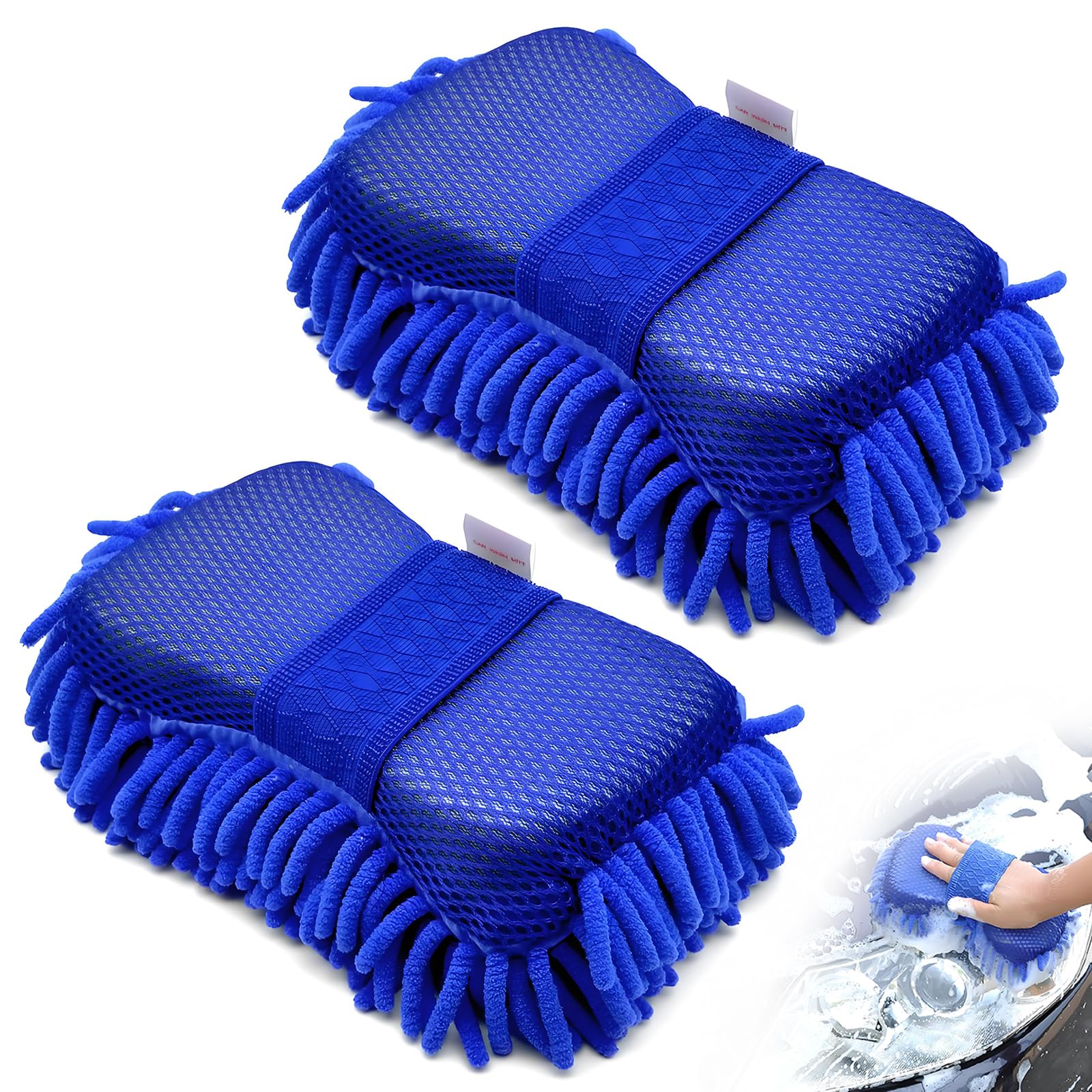 2 Stück Waschhandschuh Auto Sanft Mikrofaser Auto Waschhandschuh Doppelseitiger Auto Schwamm Auto Zubehör(Blau)