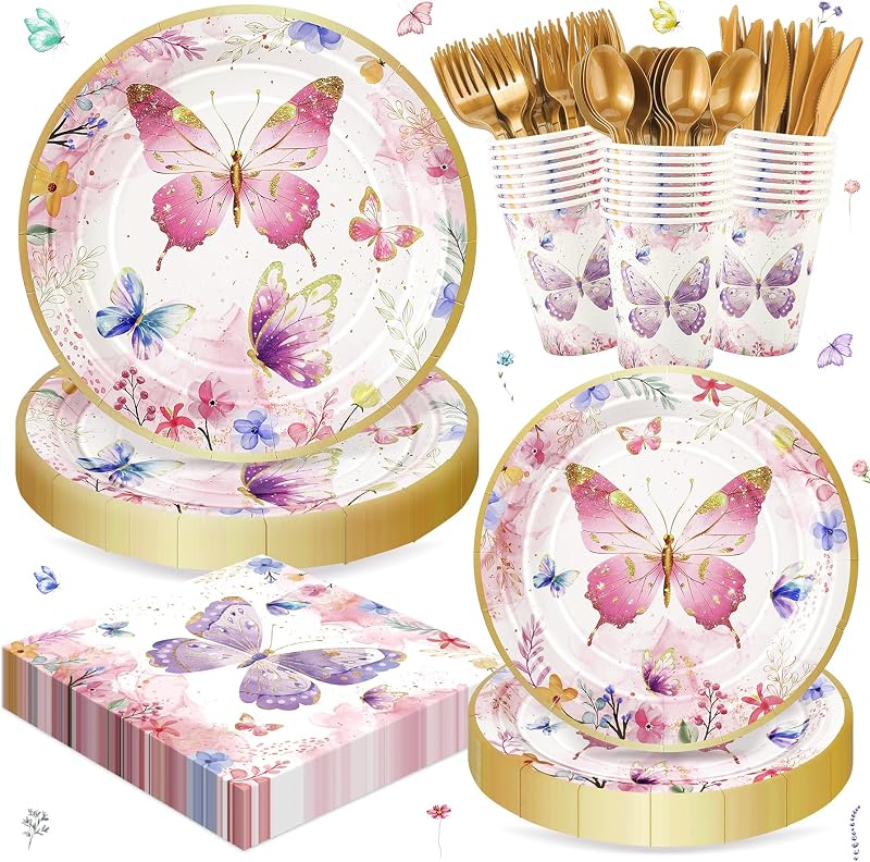 168PCS Butterfly Party Supplies,Butterfly Themed Party Plates Tableware Set | Butterfly Paper Plates Napkins Cups Cutlery for 24 Guests, Flower Party Supplies for Birthday Baby Shower Bridal Tea Party