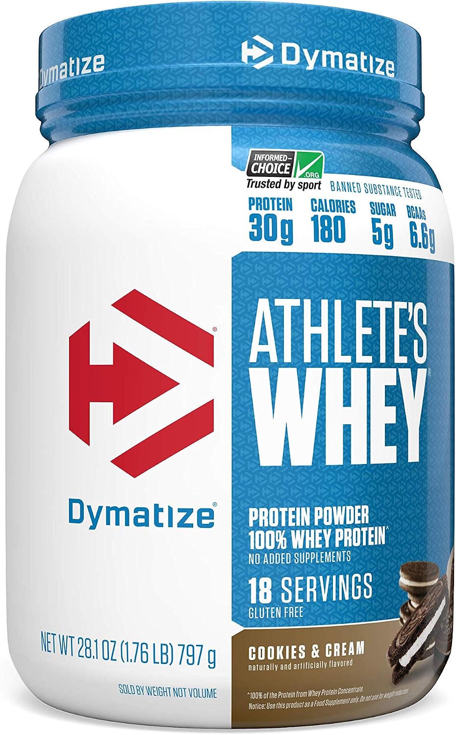 Dymatize Athlete's Whey Protein Powder, 30g of Protein, 6.6g BCAAs, 1.8 Pound, Cookies and Cream, 27.2 oz