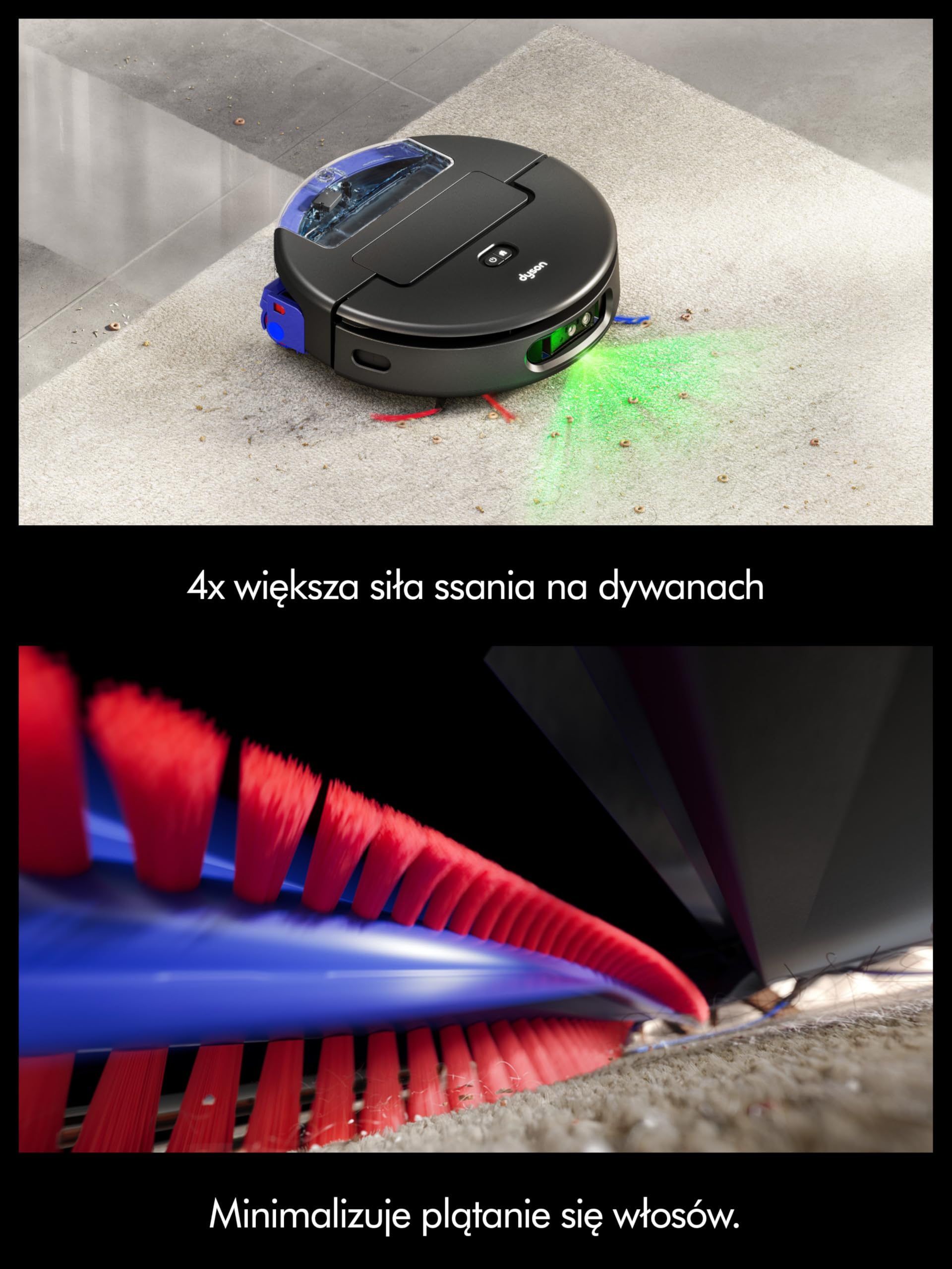 Robot odkurzający Dyson Spot+Scrub™ AI do pracy na mokro i sucho, wałek samoczyszczący, 4× większa siła ssania na dywanach, automatyczne opróżnianie, usuwanie plam za pomocą AI (Czarny/Niebieski)