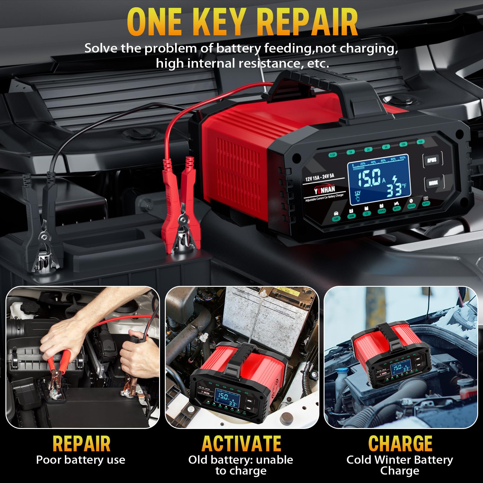 YONHAN - Cargador de batería inteligente de 15 amperios, 12 V y 24 V, completamente automático