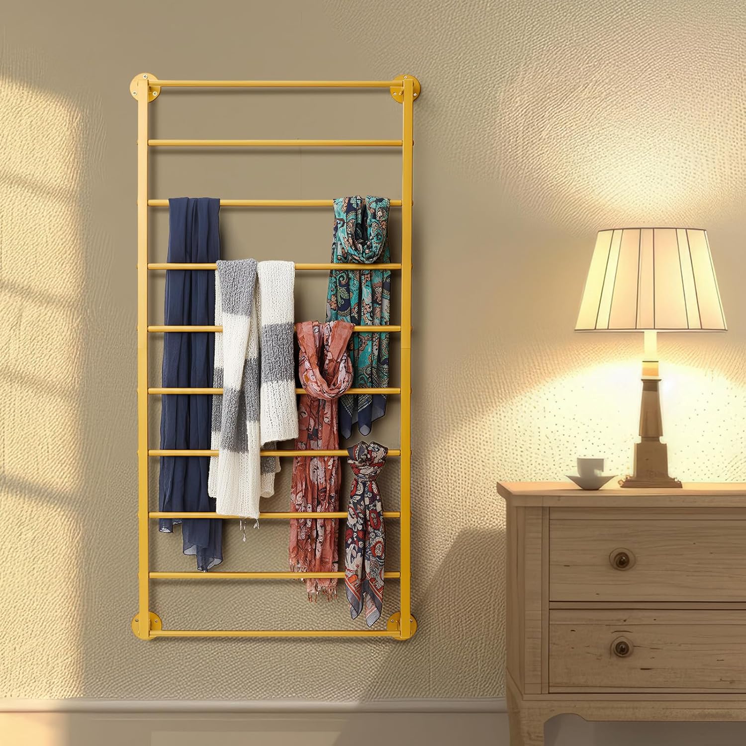 Wall Mounted Hijab Organizer, 10 Tier Metal Scarf Rack, Belt Holder Ribbon Organizer Holder Wrapping Paper Spool Storage Towel Rack for Retail Store, Home, Craft Room, Florist