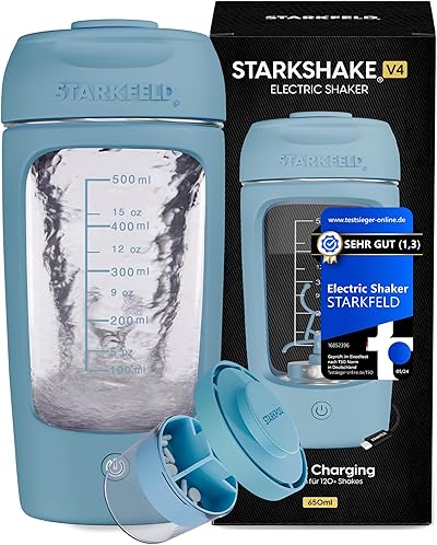 STARKSHAKE® V4 – ausgezeichnet als bester elektrischer Shaker vom F.A.Z.-Verlag (2025) | Elektrischer Protein Shaker für cremige Eiweiß Shakes | 8000 UPM | USB-C | 120+ Shakes | inkl. STARKPOD | BLAU