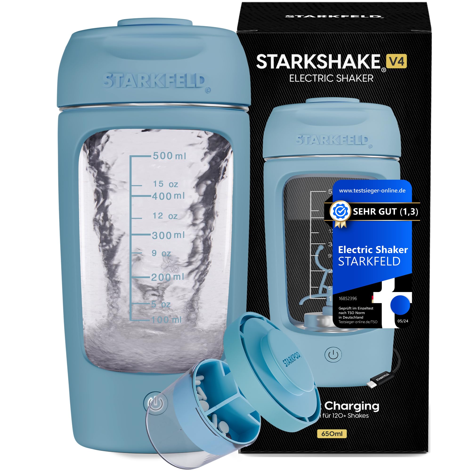 STARKSHAKE® V4 – premiato come il miglior shaker elettrico dal F.A.Z.-Verlag (2025) | Shaker elettrico per proteine per frullati proteici cremosi | 8000 UPM | USB-C | 120+ frullati | incluso STARKPOD