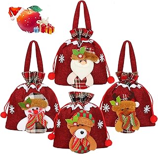 GINOYA Christmas Gift Doll Bags, 4pcs Santa Sack Drawstring Apple Bags with 3D Santa Snowman Reindeer Bear for Xmas Holiday Present