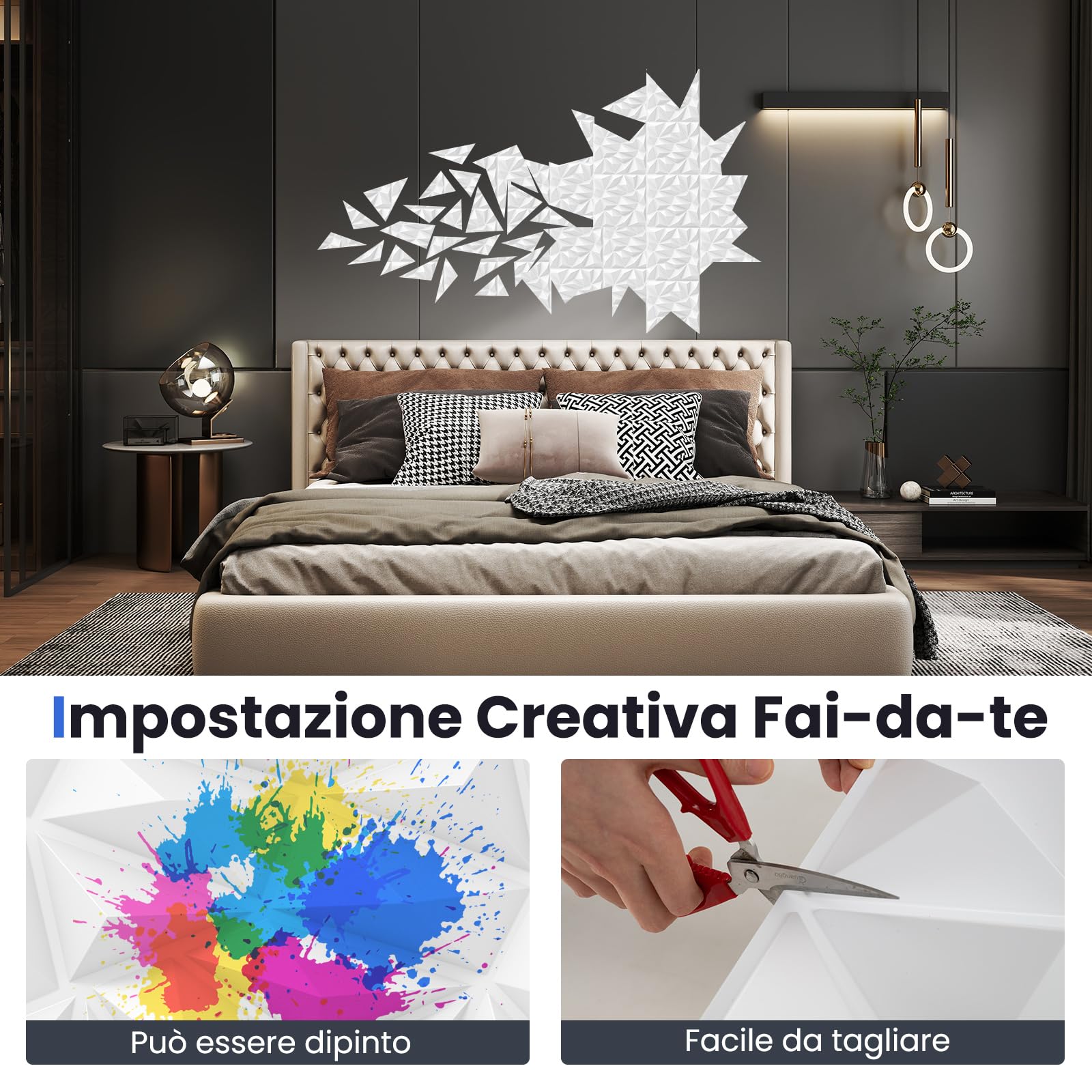 COSTWAY 40 Pezzi 3D Pannelli Murali 50 x 50 cm, Pannello da Parete 3D Diamante, Decorazione Interna da Parete in PVC, 10 m², per Soggiorno Camera da Letto (10㎡,Bianco)