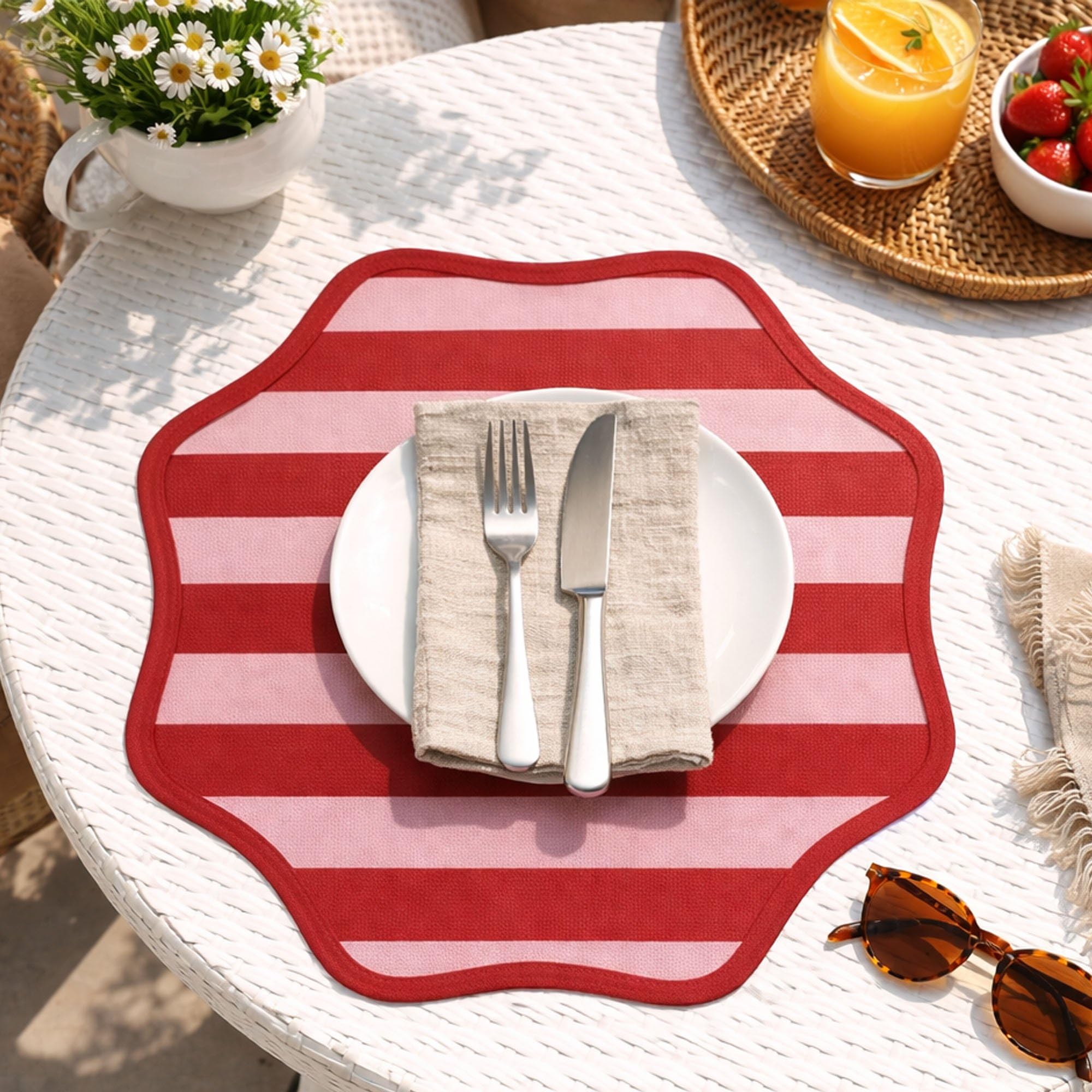 Dmora Tovaglietta Americana Riverton 40x40 cm Rosso set da 2, Bordo Ondulato, Fantasia a Righe Lavabile, Made in Italy