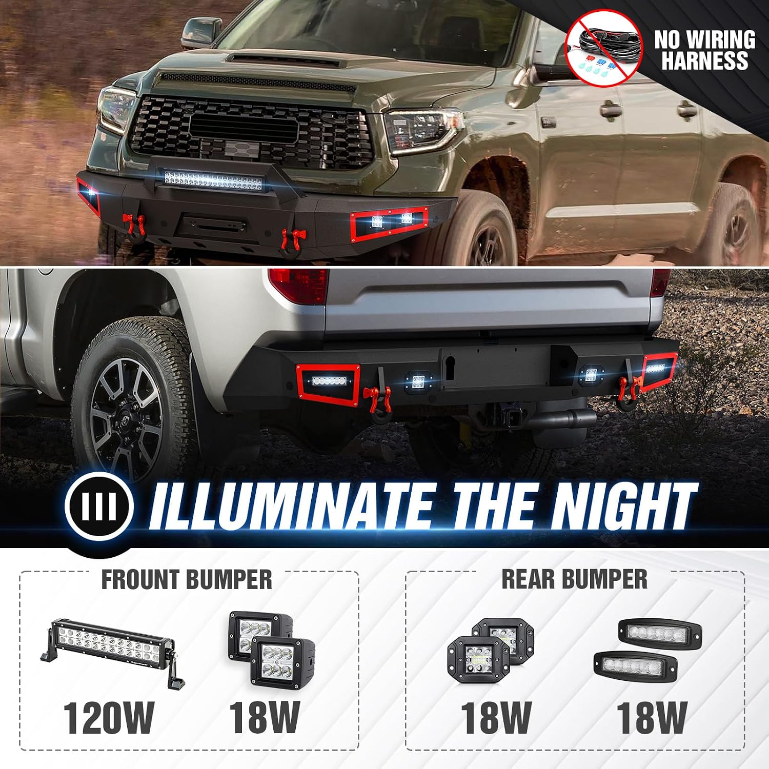 Front and Rear Bumpers Compatible with 2014-2021 Toyota Tundra Pickup Truck Bumpers Equipped with Paintable Armor, Winch Plate, License Plate Bracket, Sensor Holes & D-rings