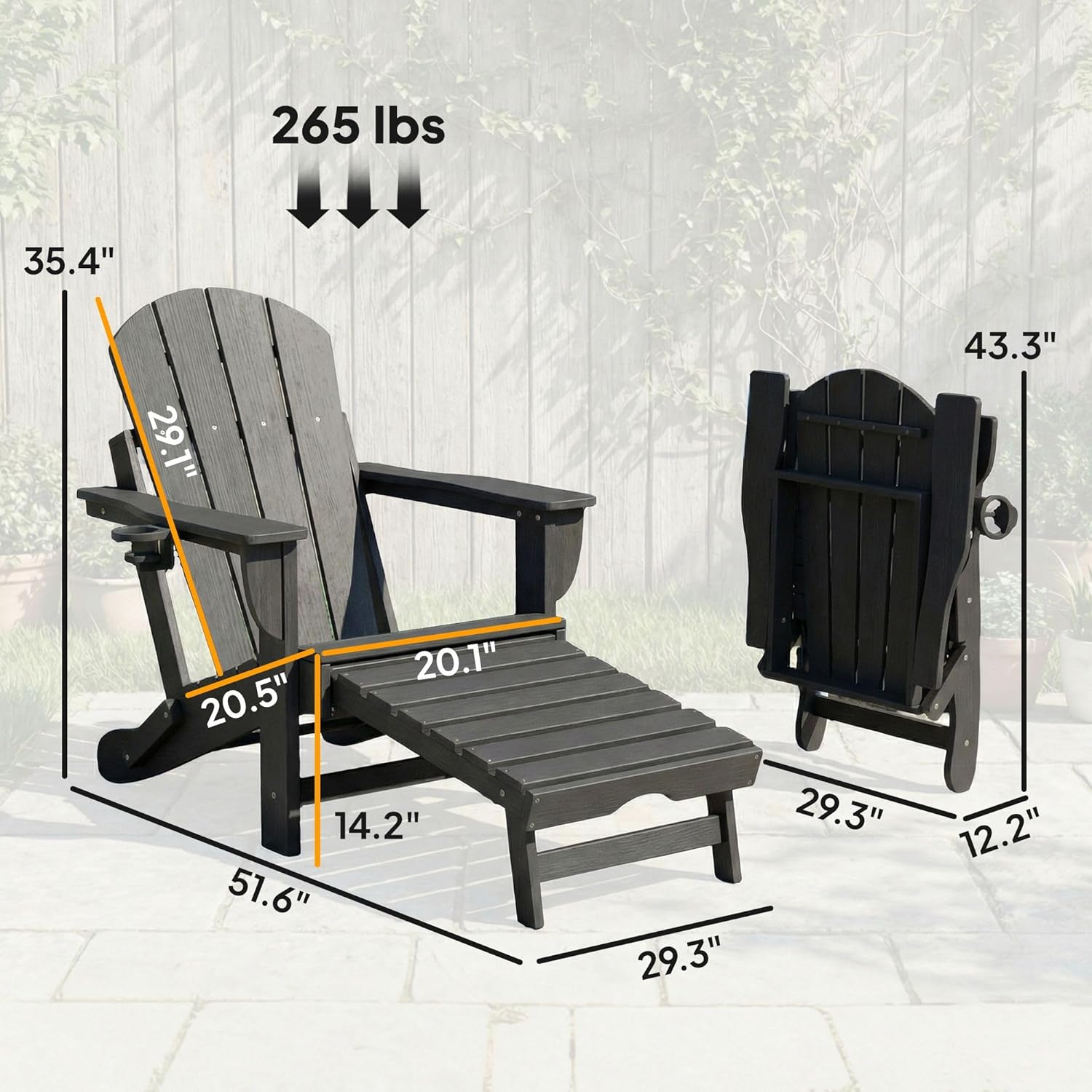Folding Adirondack Chair Set of 2: HDPE Fire Pit Chairs with Retractable Ottoman, Cup Holder & Wood Grain Finish, Black