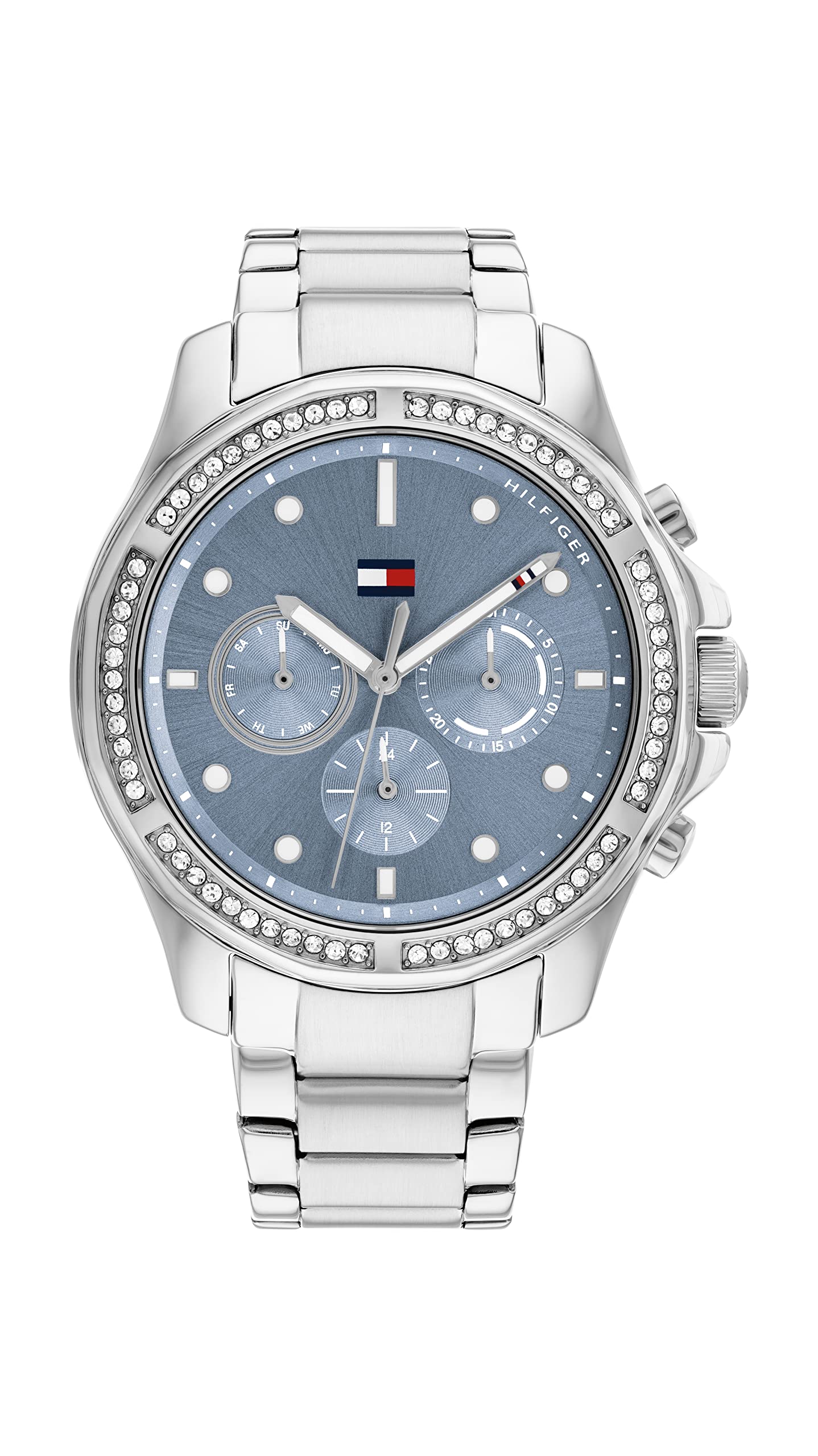 Brooklyn Quartz Multifunction Blue Dial Silver Stainless Steel Strap Watch for Women