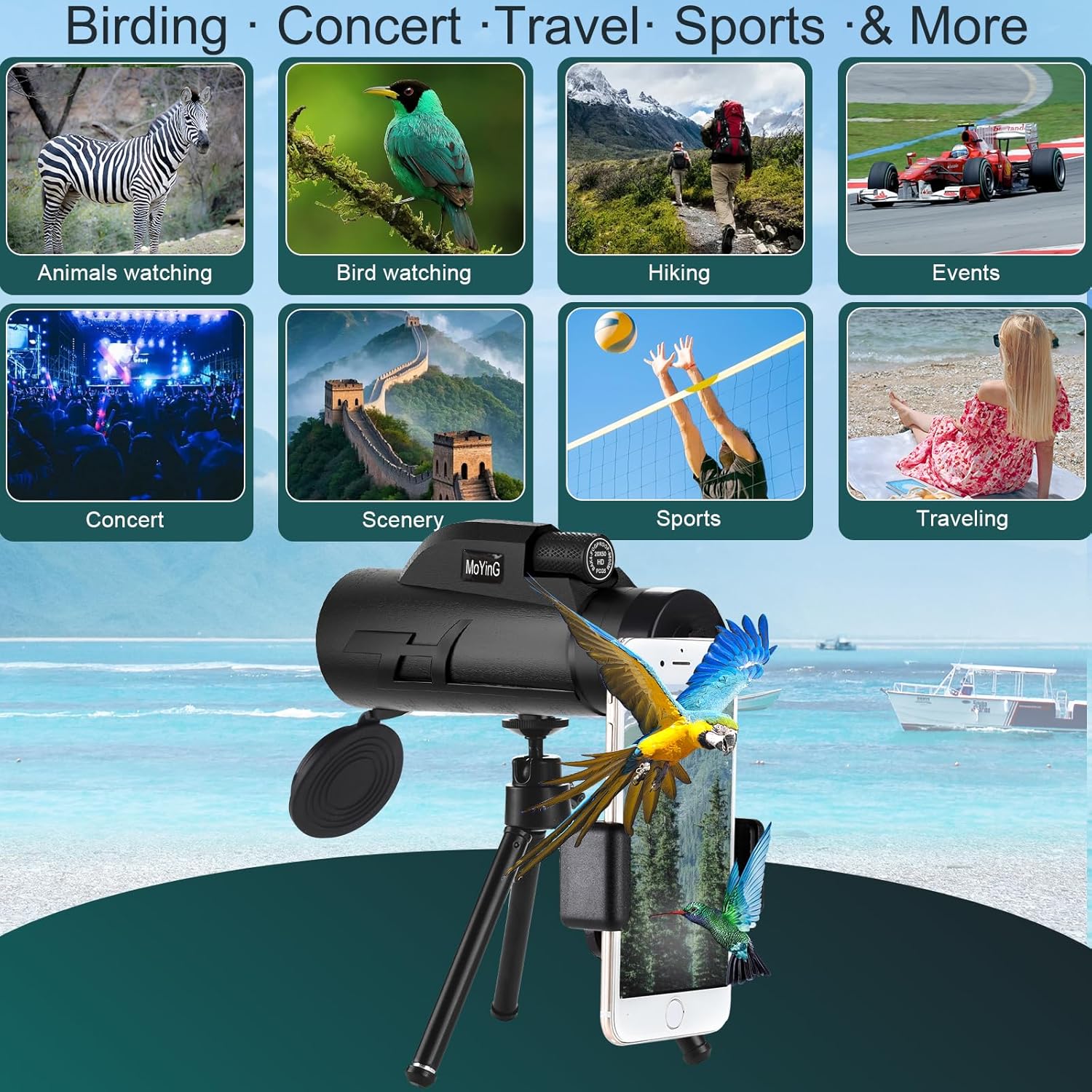 20x50High-Power Monocular Telescope with Smartphone Tripod, Portable Bag - Ideal for Bird Watching, Hunting, Hiking, Camping - Large Vision with BAK4 Prism and FMC Lens