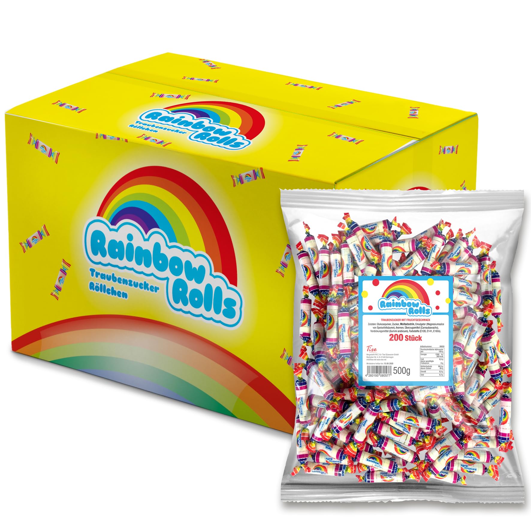 Tise Süsswaren Rainbowrolls Traubenzucker Karton (12x200 Stück) Perfektes Wurfmaterial für Karneval, Fasching, Halloween, St. Martin (12x500g)