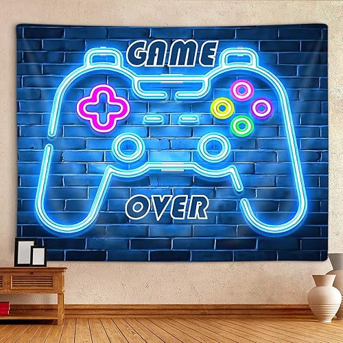 Miniatura 2 de MERCHR Tapiz de juego de neón, tapiz azul fresco con luz negra para colgar en la pared para hombres y niños, sala de videojuegos, retro de los años
