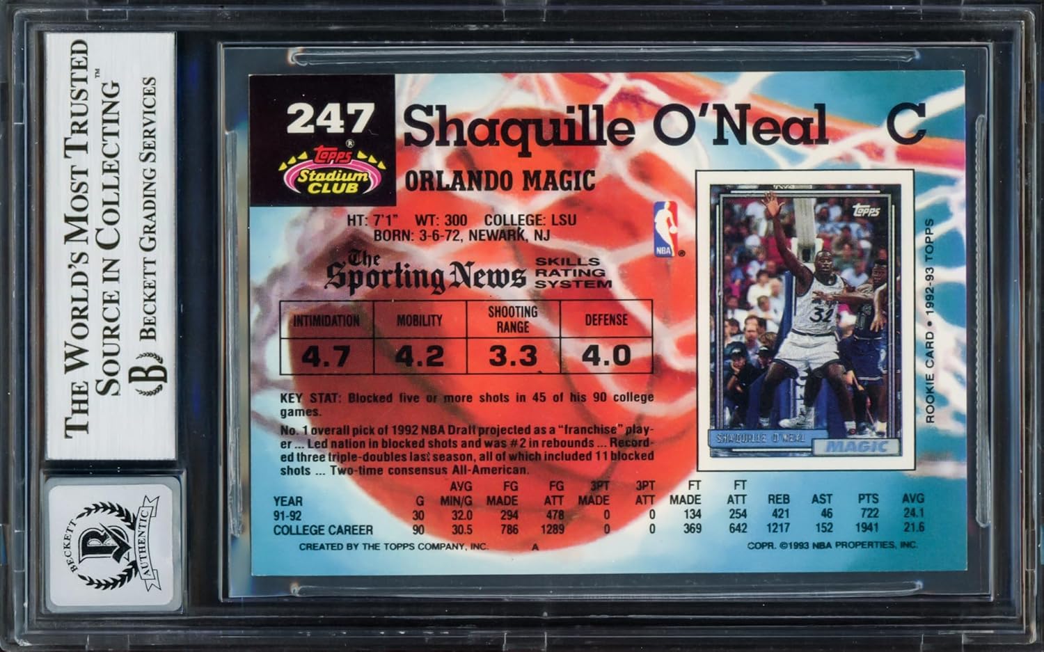 Shaquille O'Neal Autographed 1992-93 Stadium Club Rookie Basketball Card #247 Auto Grade Gem Mint 10 Beckett BAS Stock #220148