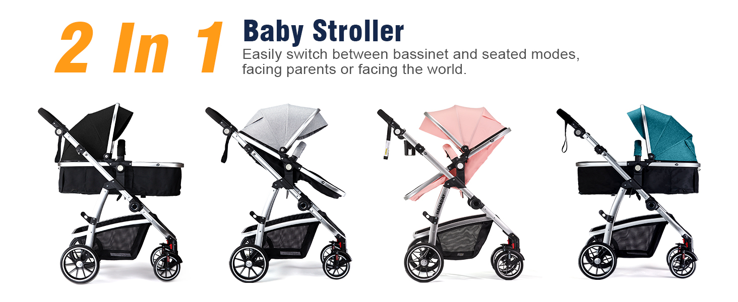 Baby Stroller, 2-in-1 Reversible Toddler Seat with Lie-Flat Mode, Foldable Infant Stroller with Canopy, One Button Brake, Adjustable Handle, Newborn Pushchair (Black B) : Baby