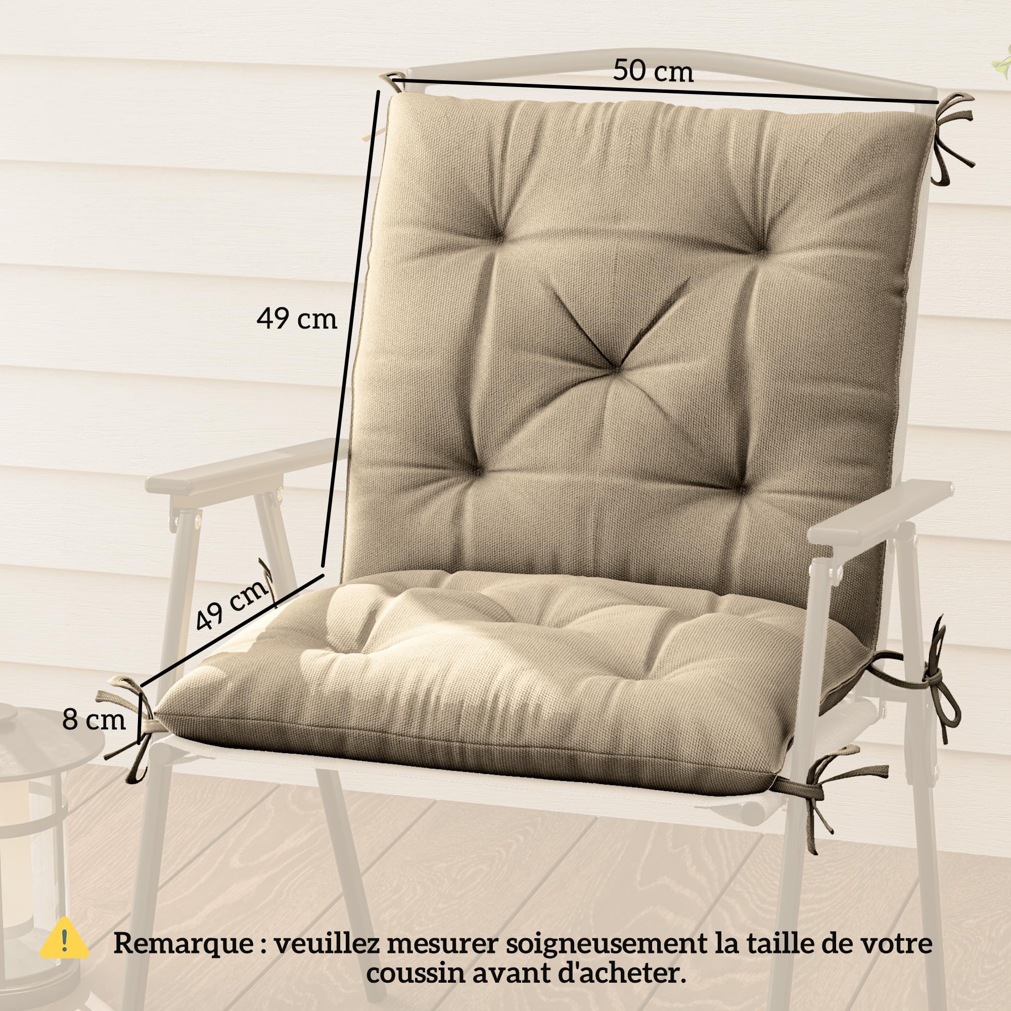 Outsunny Lot de 2 Coussins de Chaise d'extérieur, Galette de Chaise avec Attaches, Coussins de Jardin pour terrasse ou Balcon, 98 x 50 x 8 cm, Beige