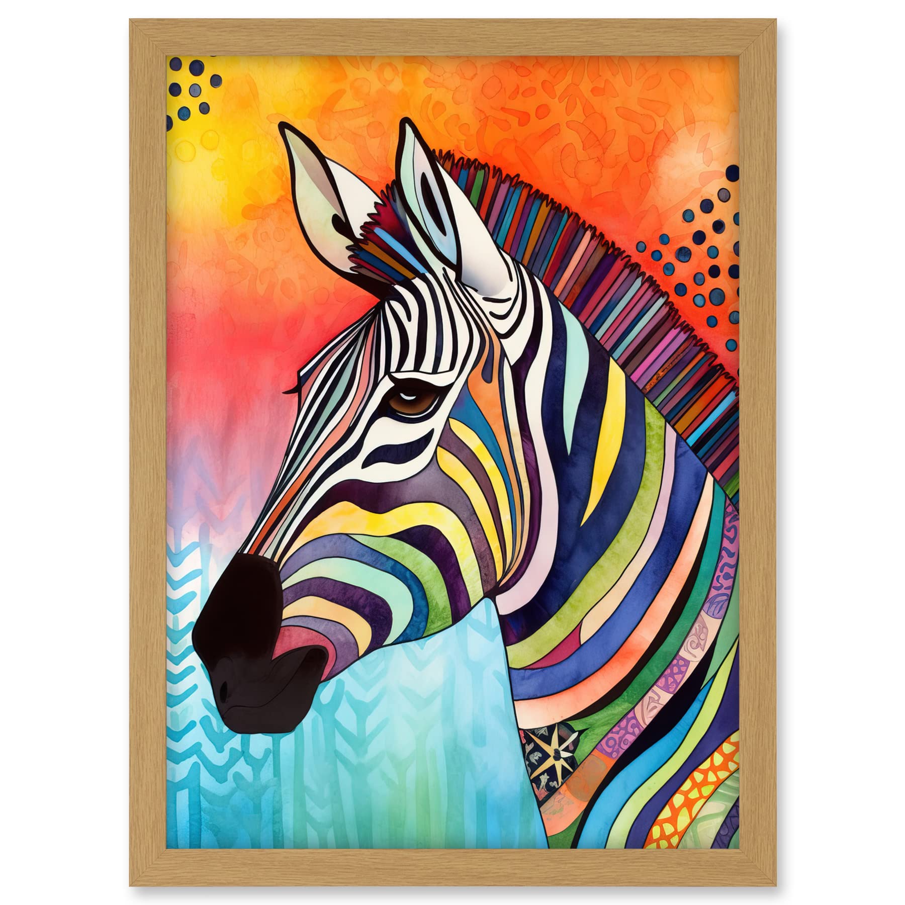 Artery8 Zebra Folk Art Bright Multicoloured Artwork Framed A3 Wall Art Print