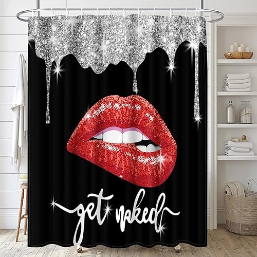 Miniatura 3 de Arttown Juego de baño negro con cortina de ducha y accesorios de alfombras, cortinas de ducha con labios de diamante, decoración de baño negro y