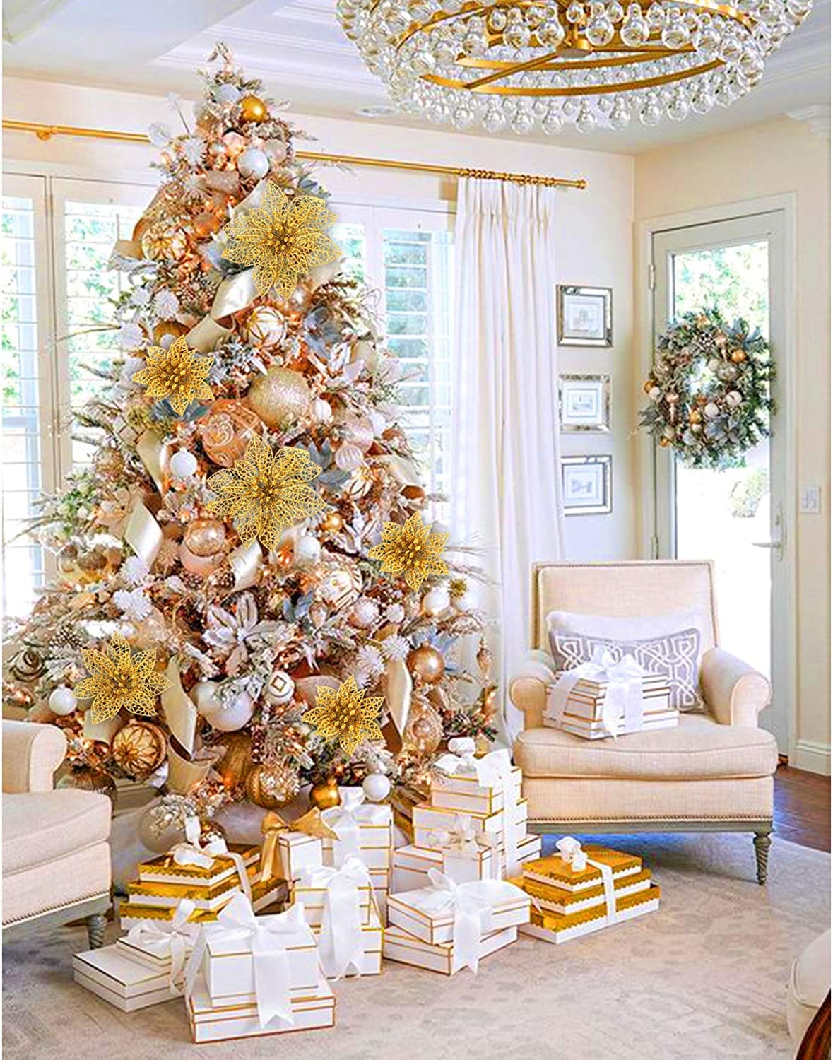 Oairse 4 fiori di stella di Natale glitterati grandi 30 cm, in argento, con gambo lungo, decorazioni per albero di Natale, per matrimoni, Capodanno, Halloween, 4 pezzi