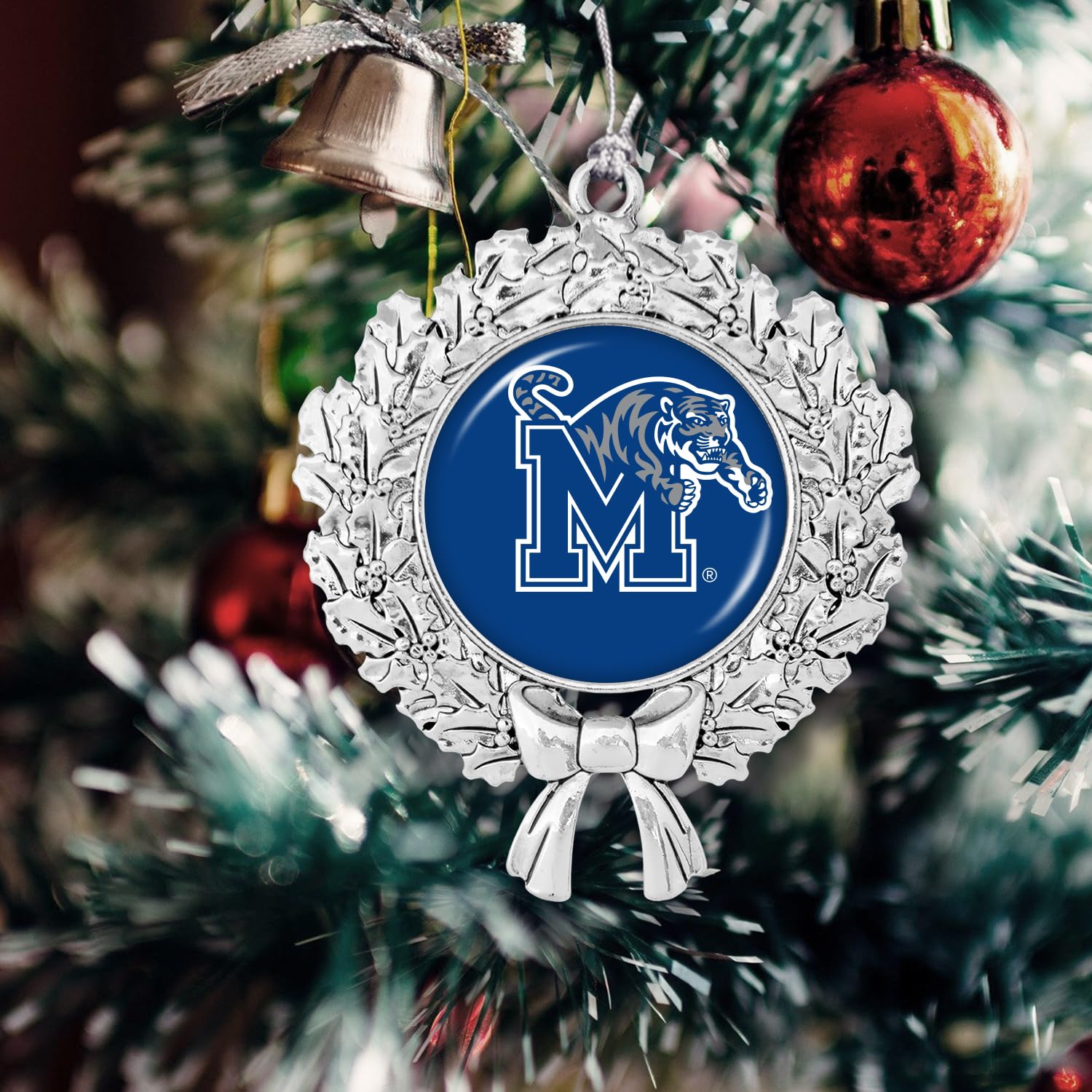 Memphis Tigers Wreath with Team Logo Silver Metal Christmas Ornament Gift Tree Decoration