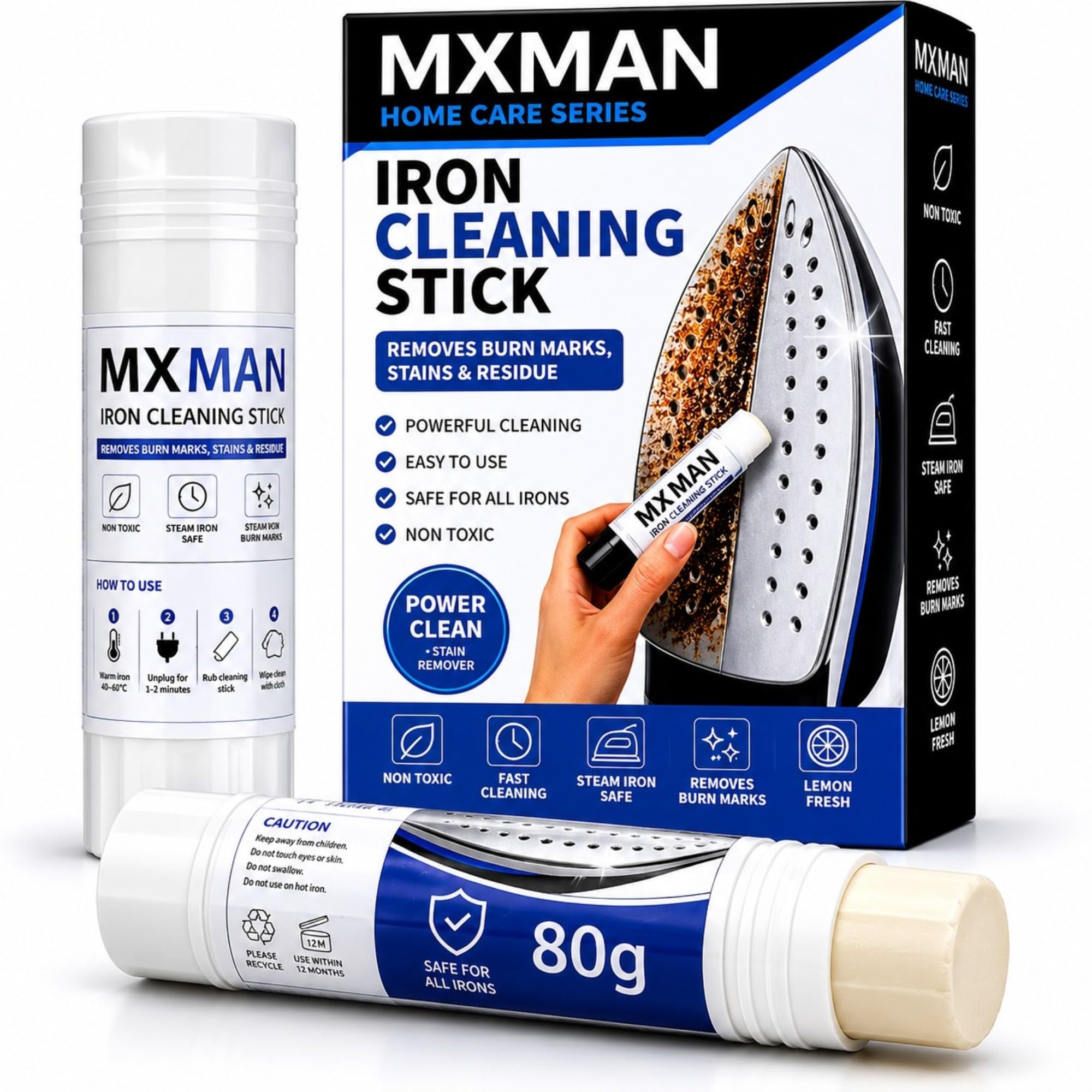 MxMan Iron Cleaning Stick 2 x 80g, Removes Burn Marks, Stains & Residue from Steam Irons, Soleplate Cleaner for Steam & Dry Irons, Iron Cleaner Stick, Restores Smooth Glide, Lemon Fresh