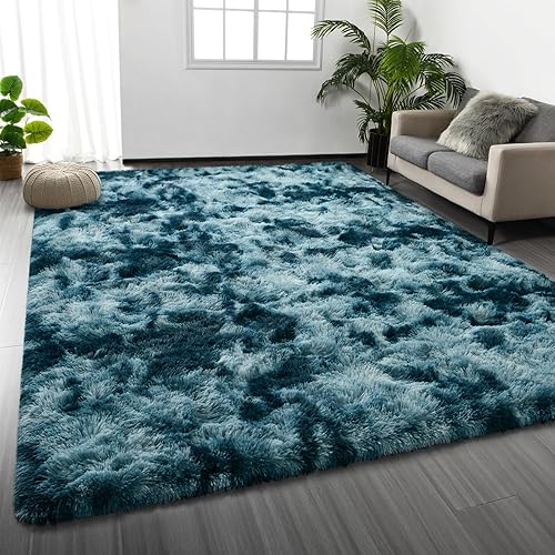 Deerhoo Large Shag Area Rugs 5 x 8, Tie-Dyed Plush Fuzzy Rugs for Living Room, Ultra Soft Fluffy Furry Rug for Bedroom, Indoor Carpet Nursery Rugs for Kids Room Home Decor, Peacock Blue