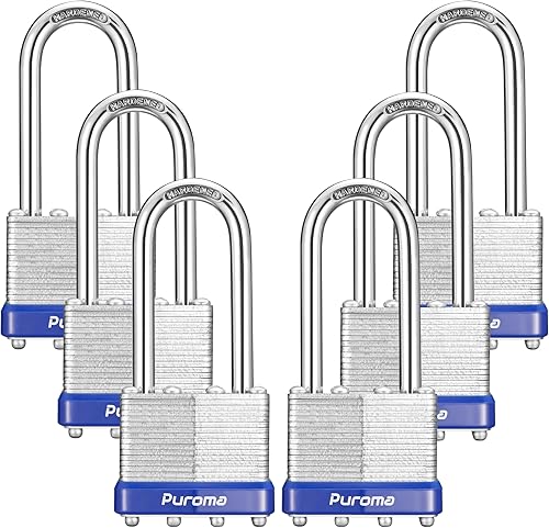 Miniatura 10 de Puroma Lock - Paquete de 3 candados, cerraduras de grillete de 1-1/2 pulgadas de largo de servicio pesado con 6 llaves, candados de acero endurecido