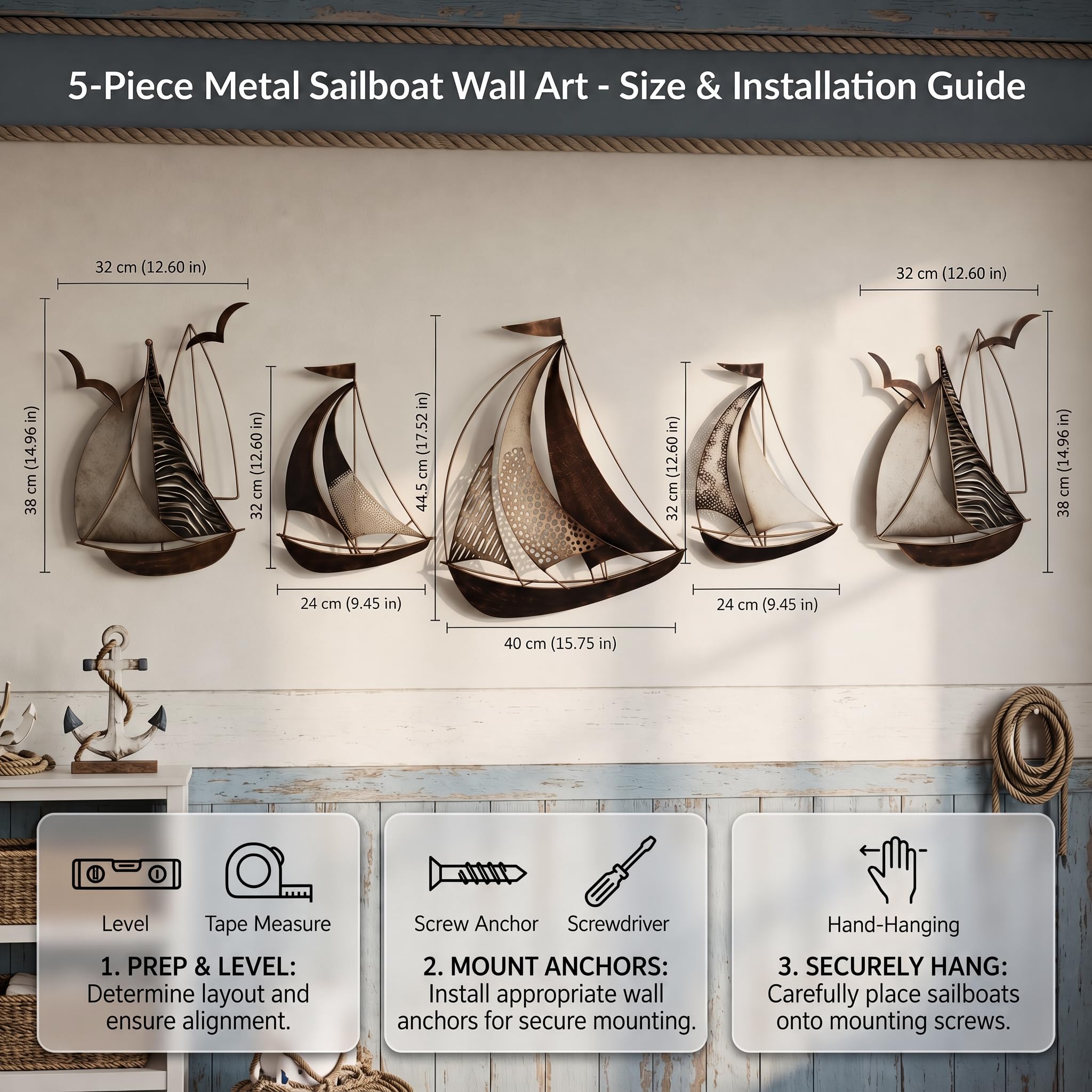 HAVFIFK Juego de 5 piezas de decoración de pared de metal, diseño náutico