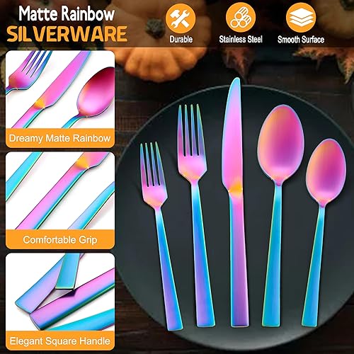 Miniatura 3 de E-far Juego de cubiertos mate arcoíris para 4, juego de cubiertos de acero inoxidable de 20 piezas con mango cuadrado, cubiertos coloridos,